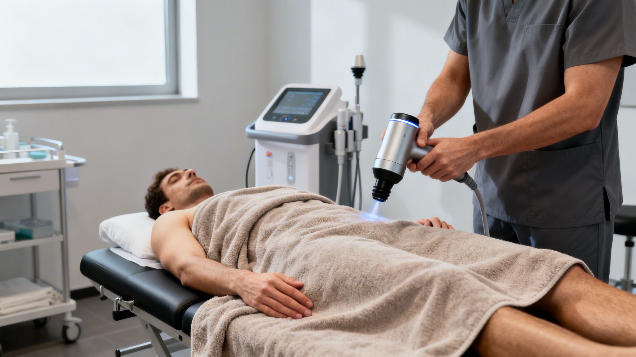 En terapeut behandler en mand med kryoterapi på et medicinsk center.