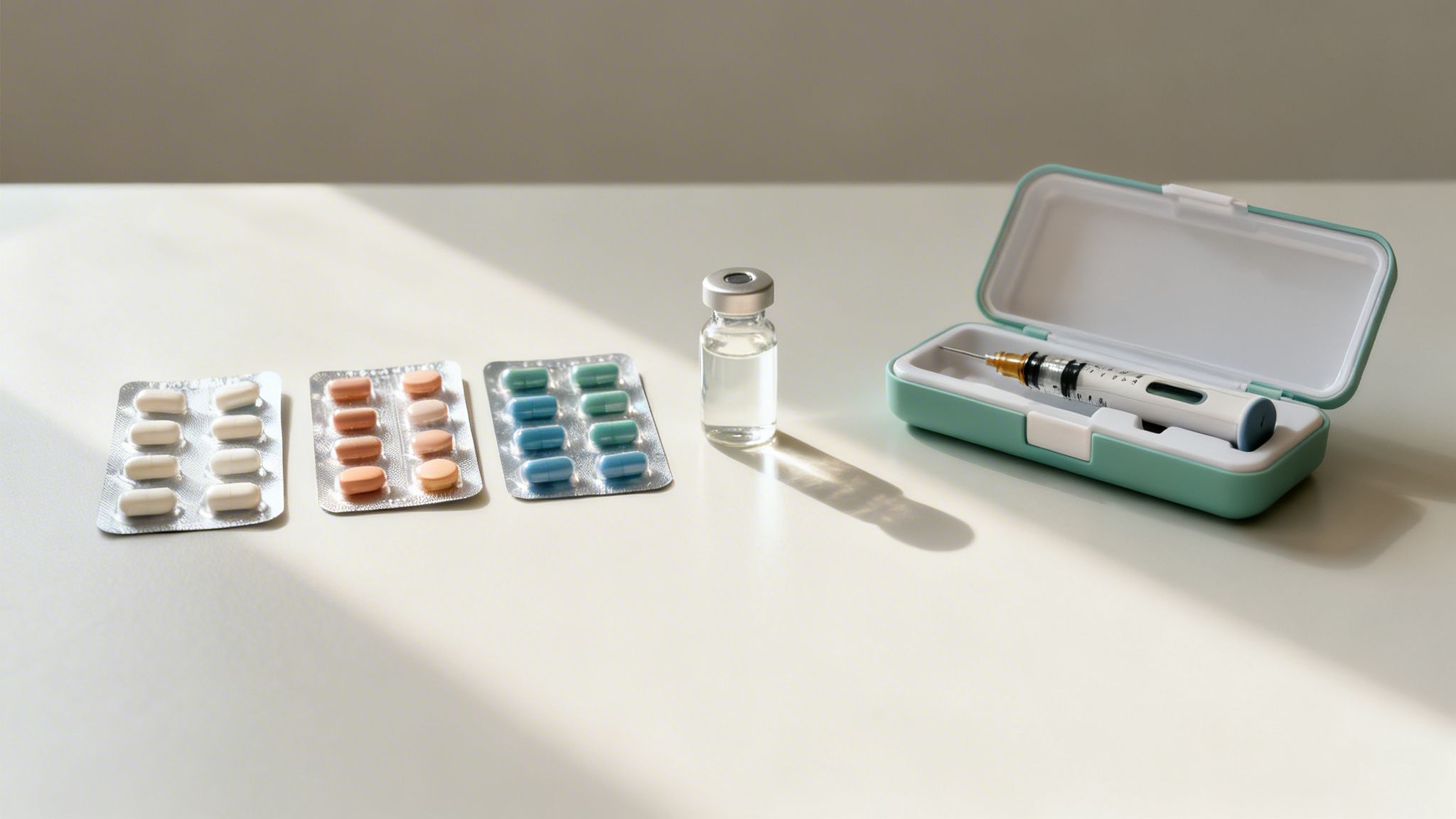 Et udvalg af medicin: piller i blisterpakker, en medicinflaske og en injektionspen i et etui.