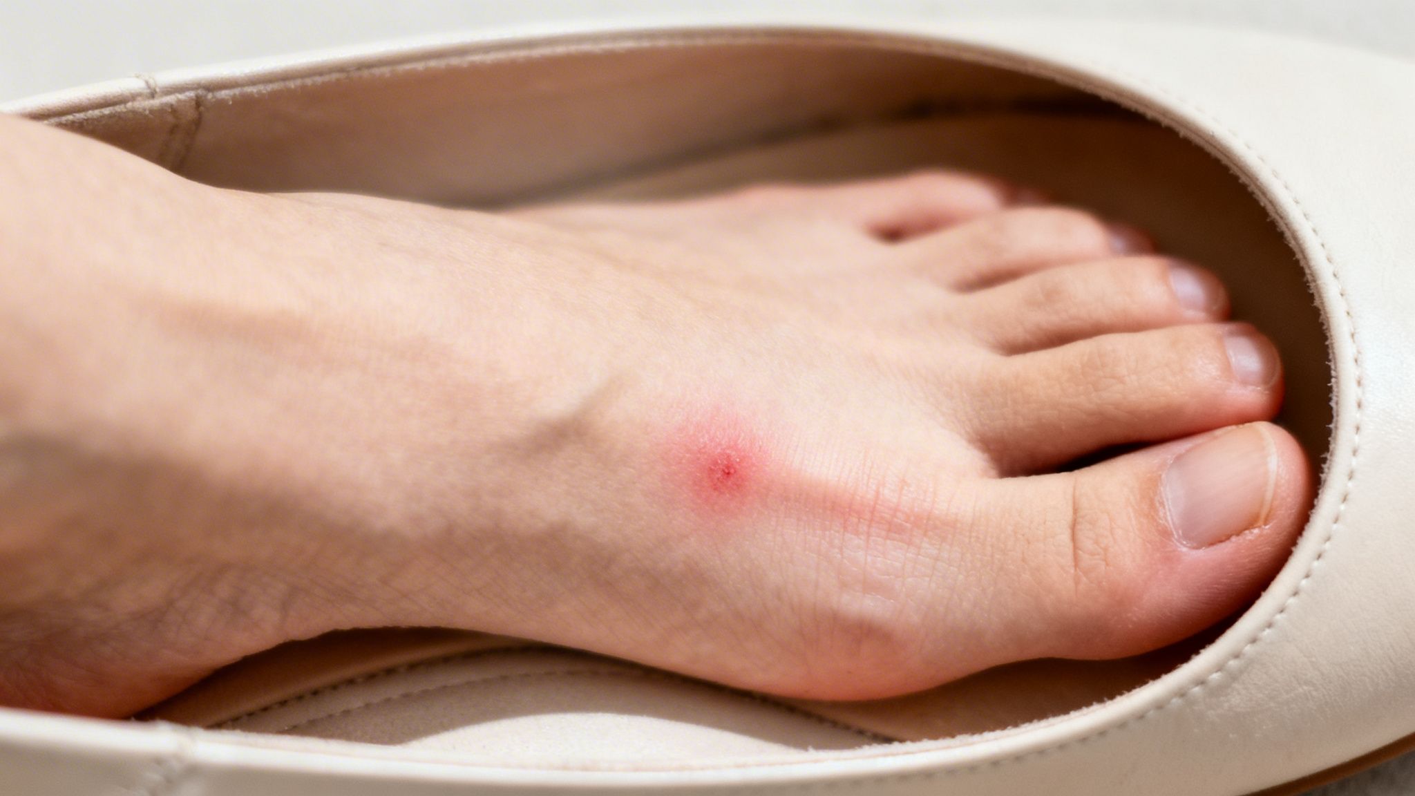 Fod med en rød, irriteret plet på oversiden, delvist skjult i en beige sko.