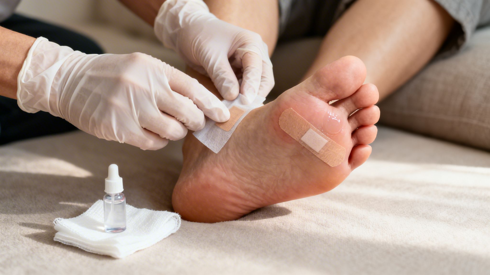 En person med handsker lægger et plaster på en fod med vabler. En flaske og klude ligger ved siden af.