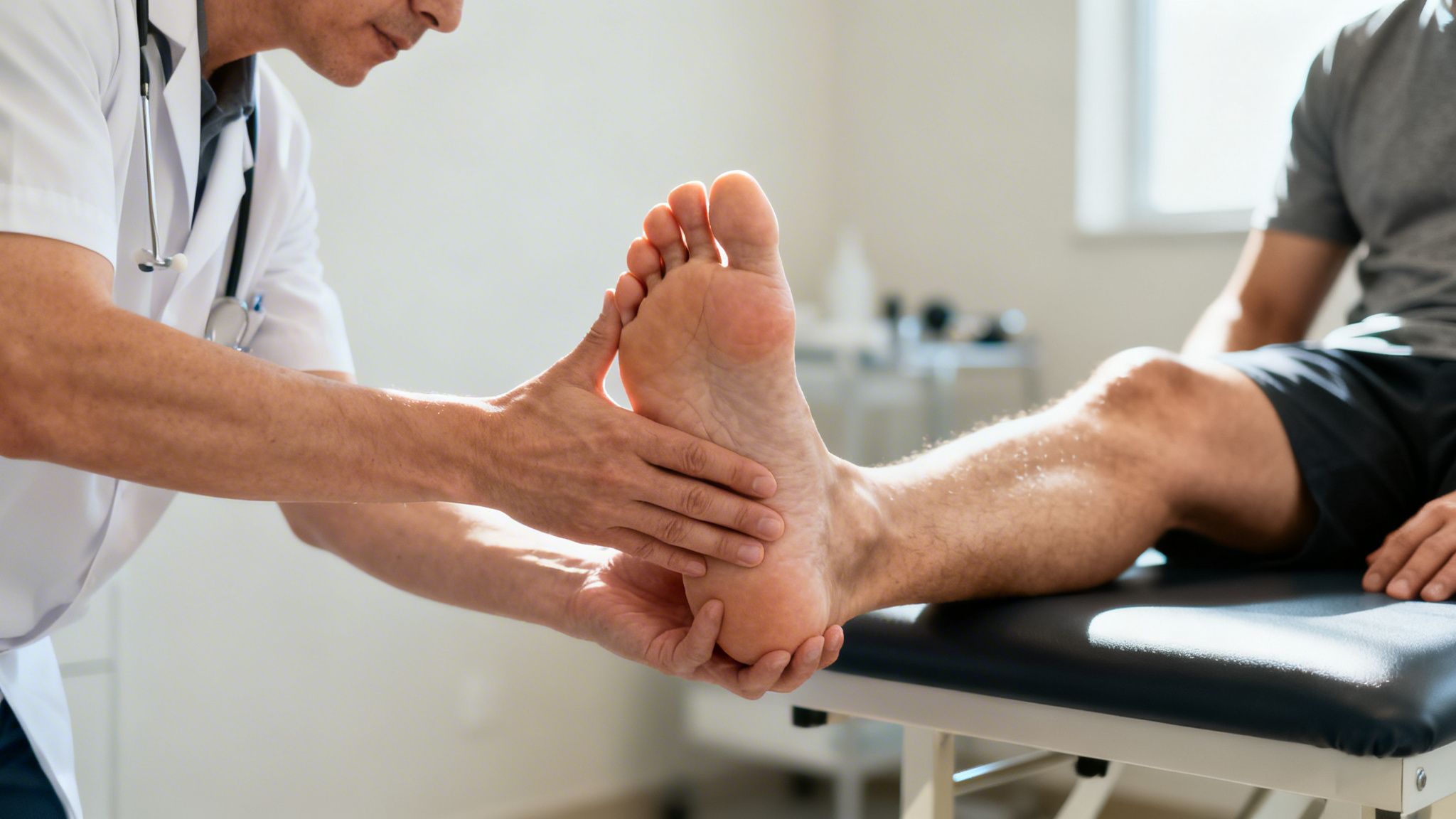 En læge i hvid kittel undersøger en patients fod på en undersøgelsesbriks i en klinik.