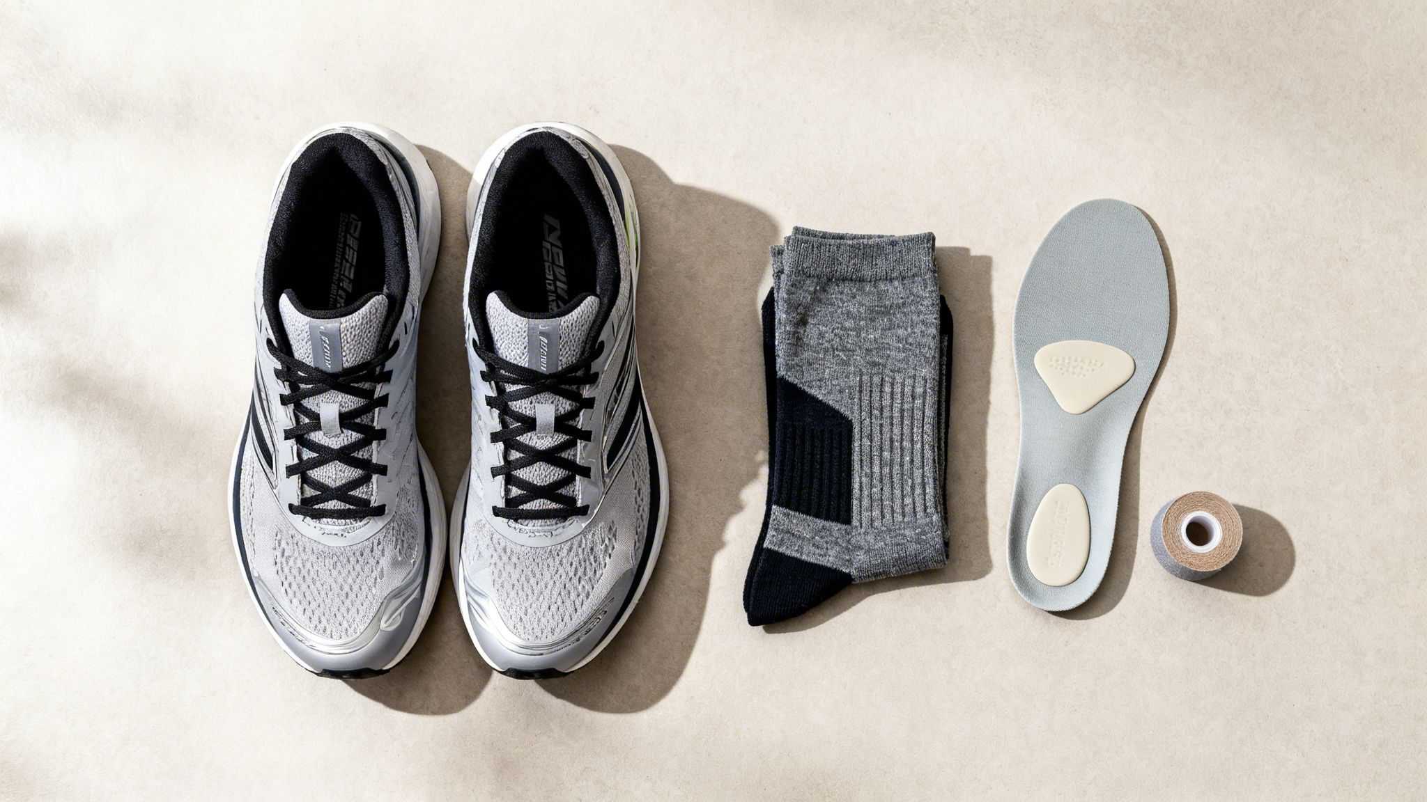Fladt lay med grå løbesko, sokker, indlægssål og tape til forebyggelse af fodproblemer.
