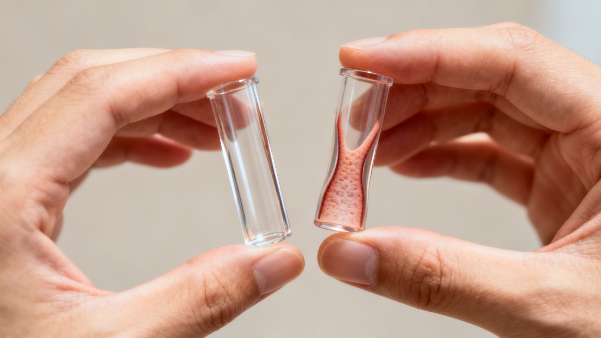 Nærbillede af hænder, der holder to glasrør; et klart og et med en forsnævret blodåre, symboliserer sundhed.