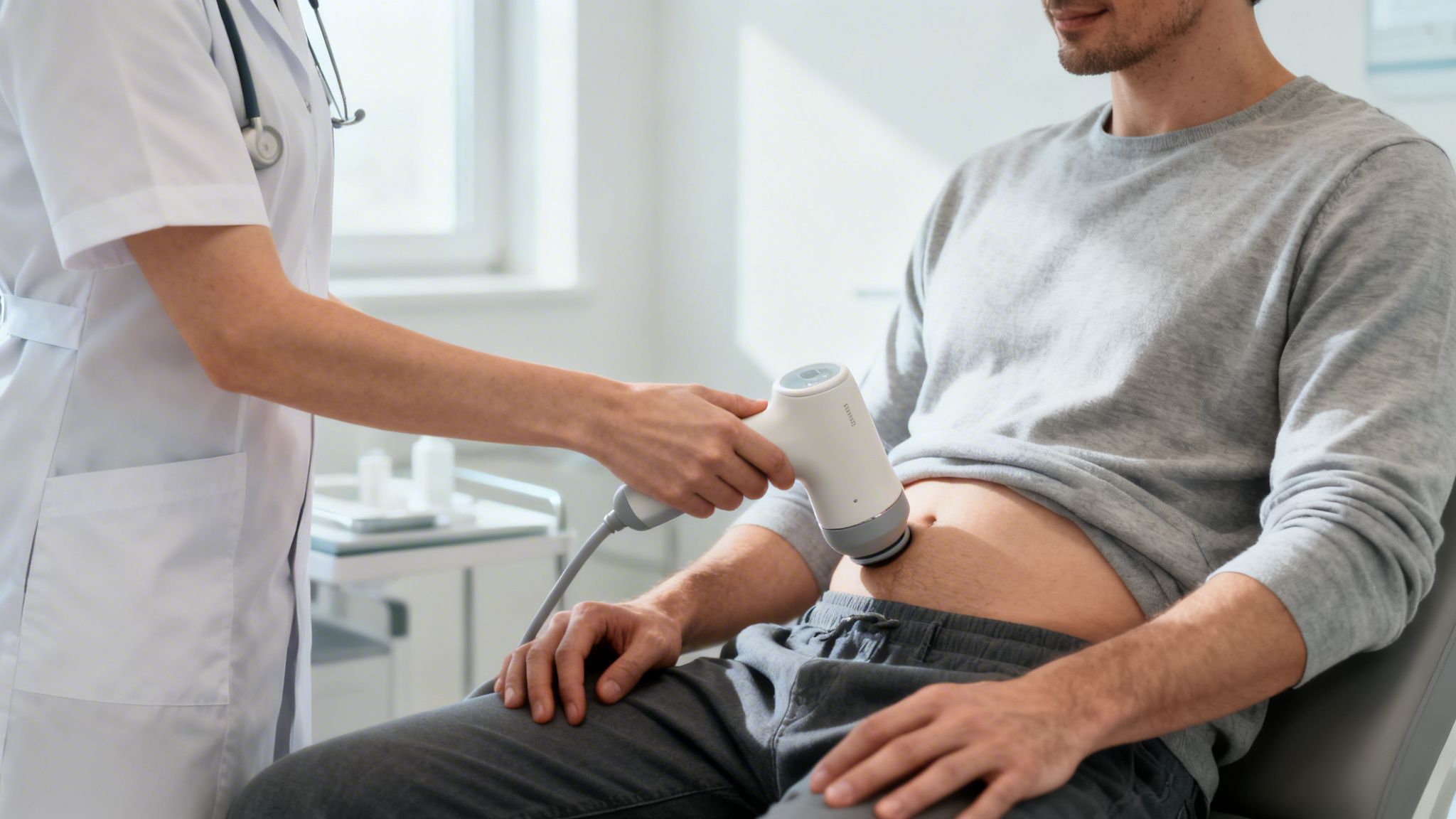 En læge udfører en ultralydsscanning på en mands mave i et lyst undersøgelsesrum.