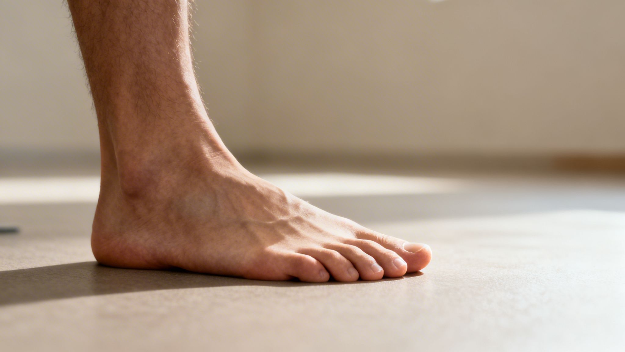 Nærbillede af en mands bare fod og underben på et lyst gulv i sollys.
