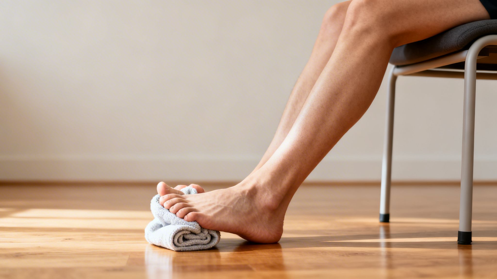En person laver fodøvelser med et håndklæde på gulvet, velegnet til nedsunken forfod.