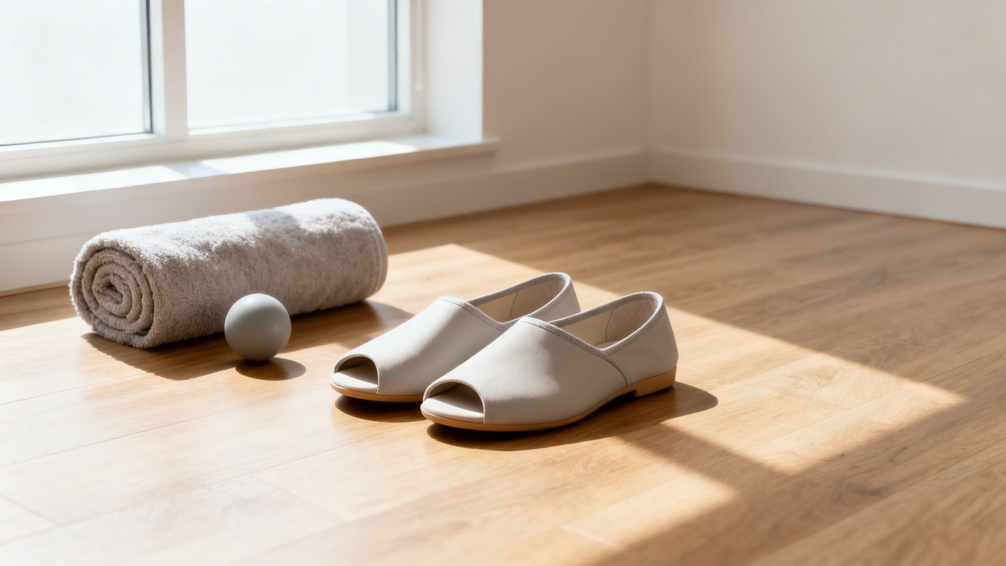 Rullet gråt håndklæde, grå bold og lysegrå hjemmesko på trægulv i sollys ved vinduet.