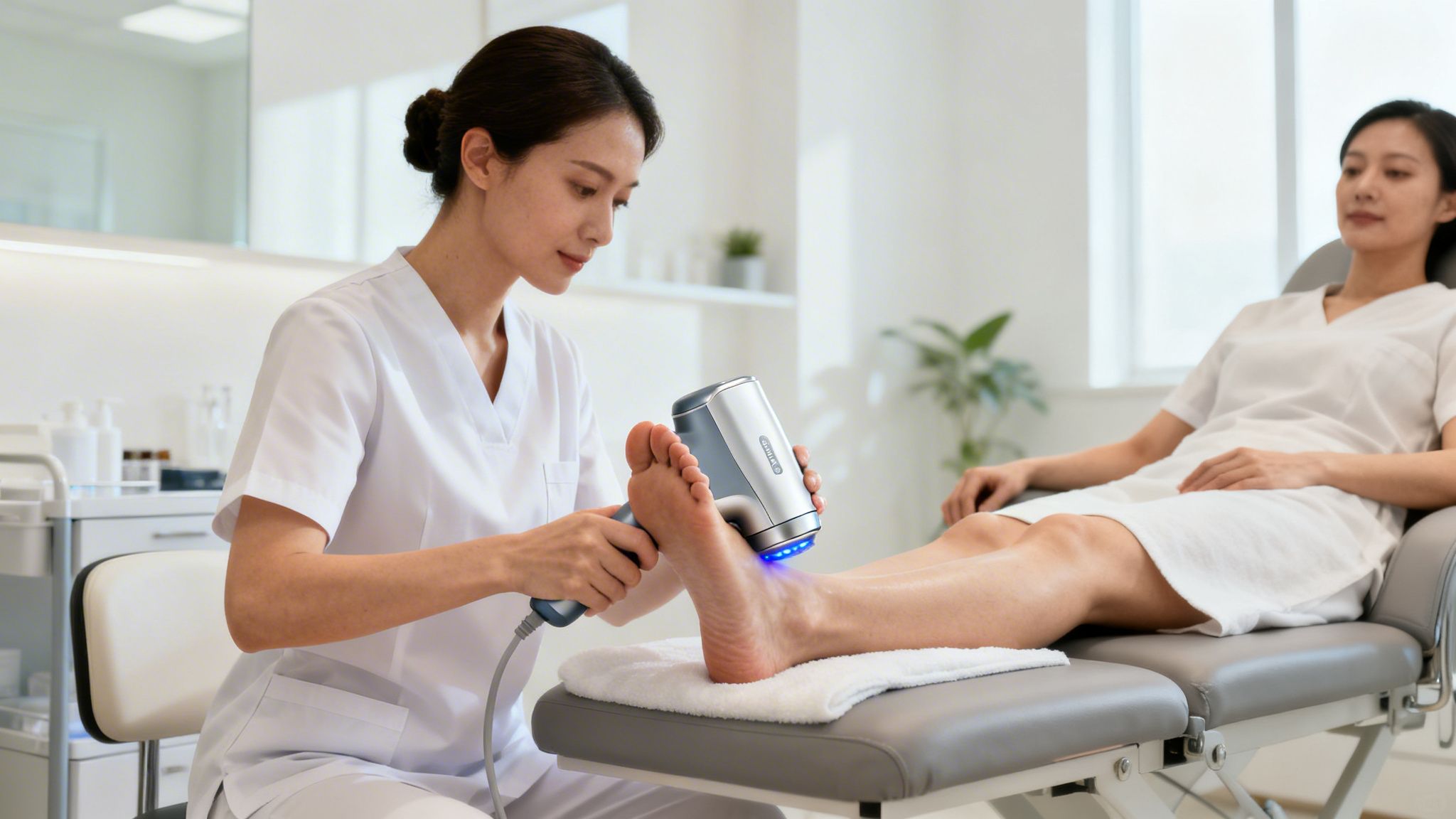 En behandler giver en fodbehandling med et lysterapi-apparat til en patient, der ligger på en briks i en klinik.