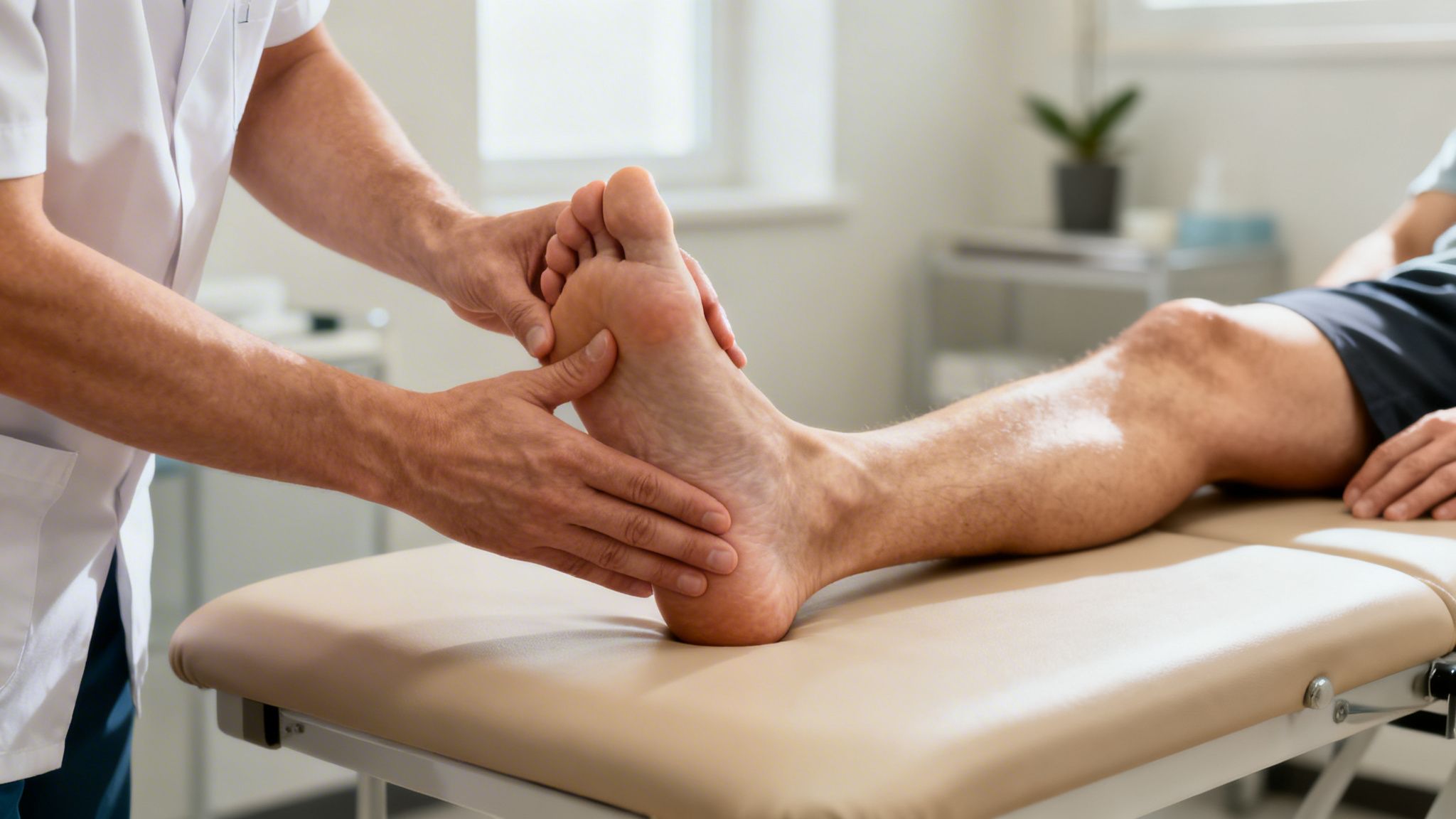 En fysioterapeut eller fodterapeut masserer og undersøger en patients fod på en behandlingsbriks.