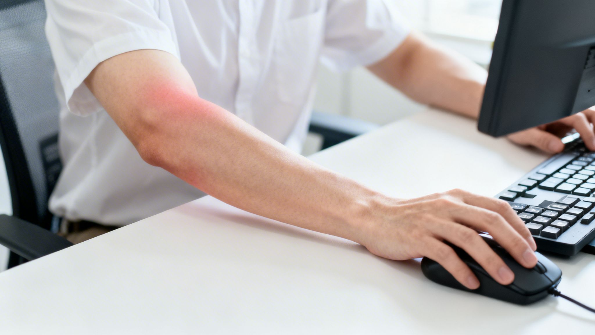En person med rød, øm underarm og albue, der sidder ved et skrivebord og bruger en computer.