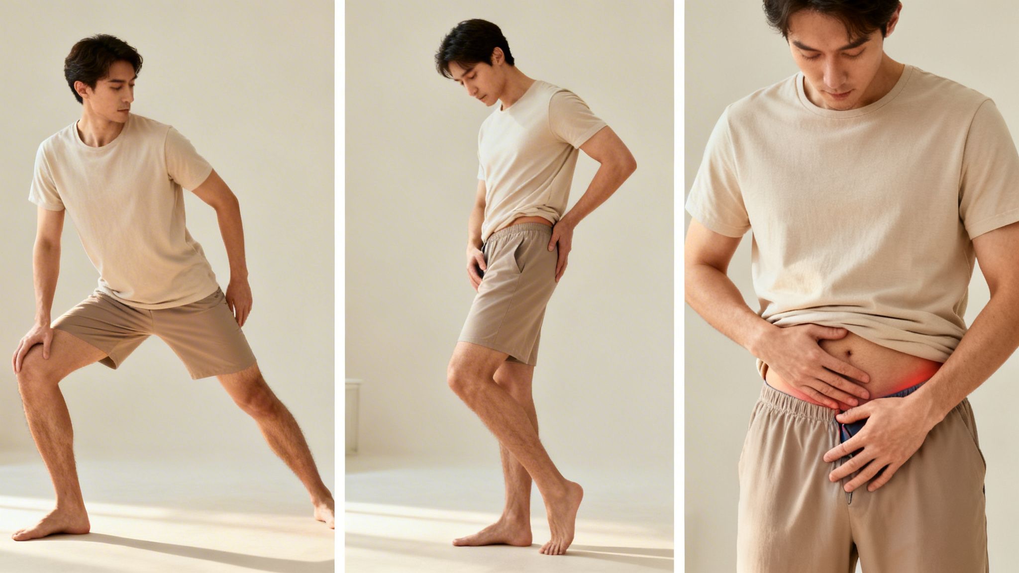 En mand i lysebrune shorts og t-shirt med rød markering omkring lysken, der indikerer smerte.