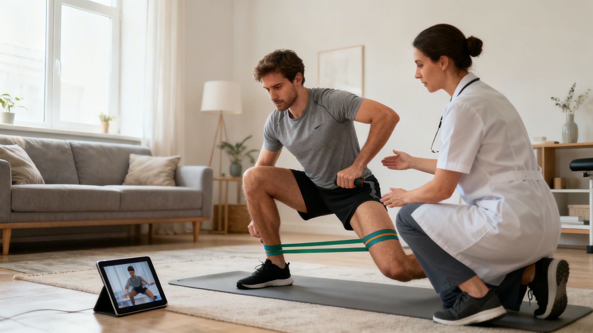 En mand træner med modstandsbånd under vejledning af en fysioterapeut, med en tablet, der viser øvelsen.