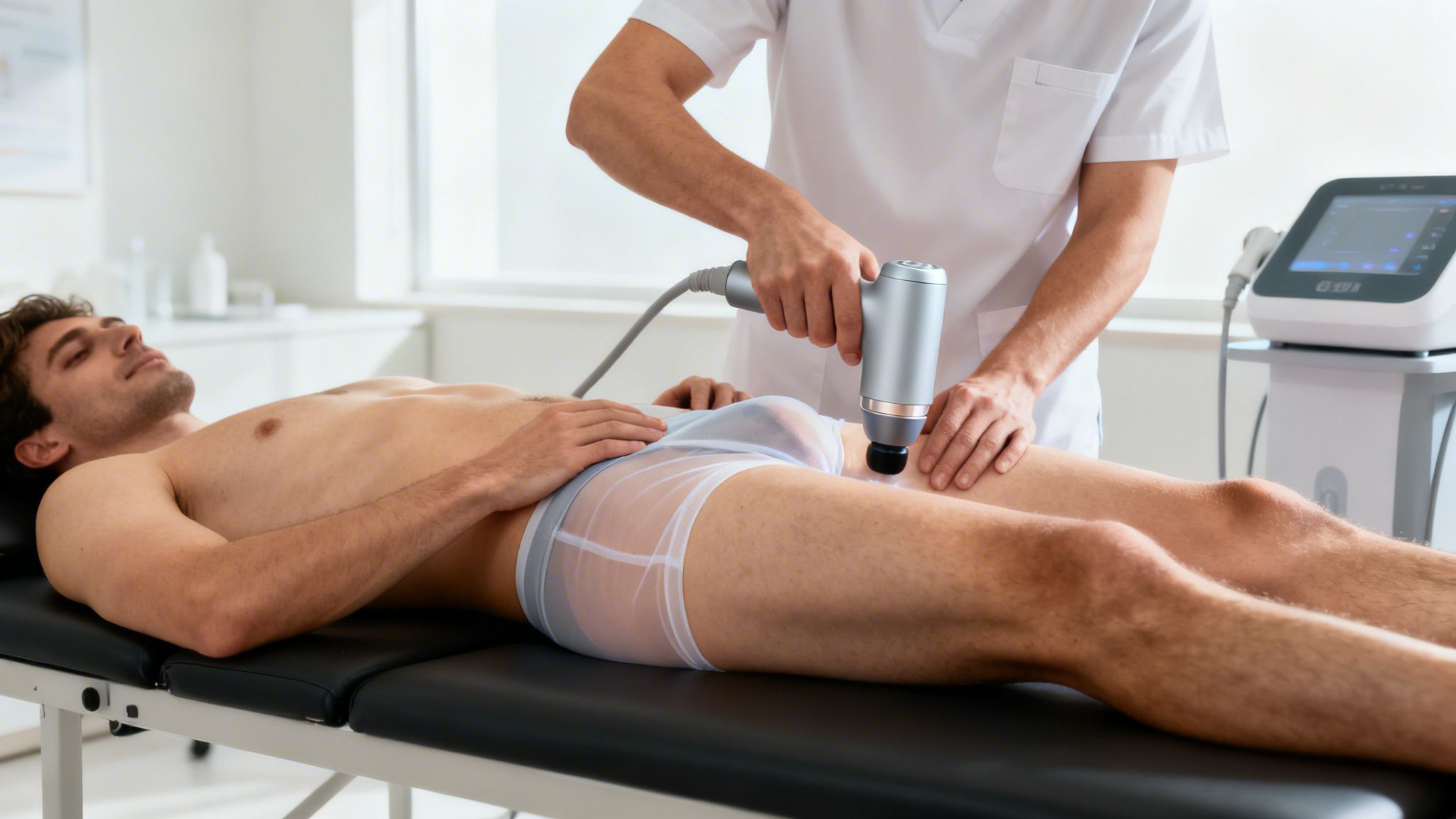 En mand modtager fysioterapi eller chokbølgeterapi i lysken af en sundhedsperson. Han ligger på en briks.