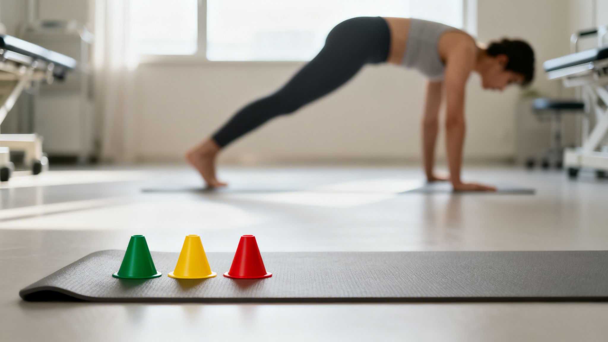 Kvinde laver plankeøvelse på yogamåtte i et lyst rum med farverige kegler i forgrunden.