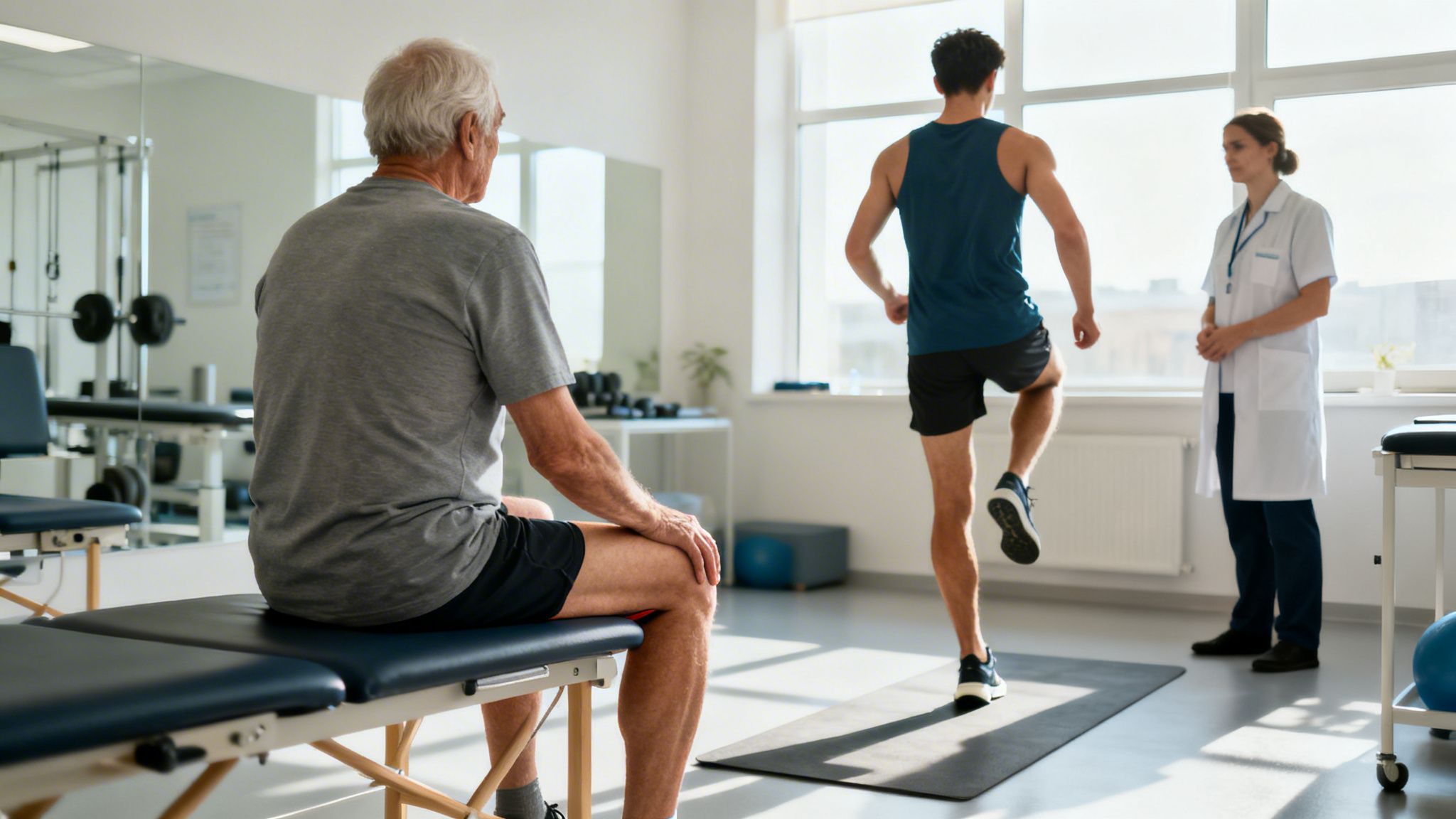 Ældre mand sidder på briks, mens ung mand træner ben under opsyn af kvindelig fysioterapeut i et fitnessrum.