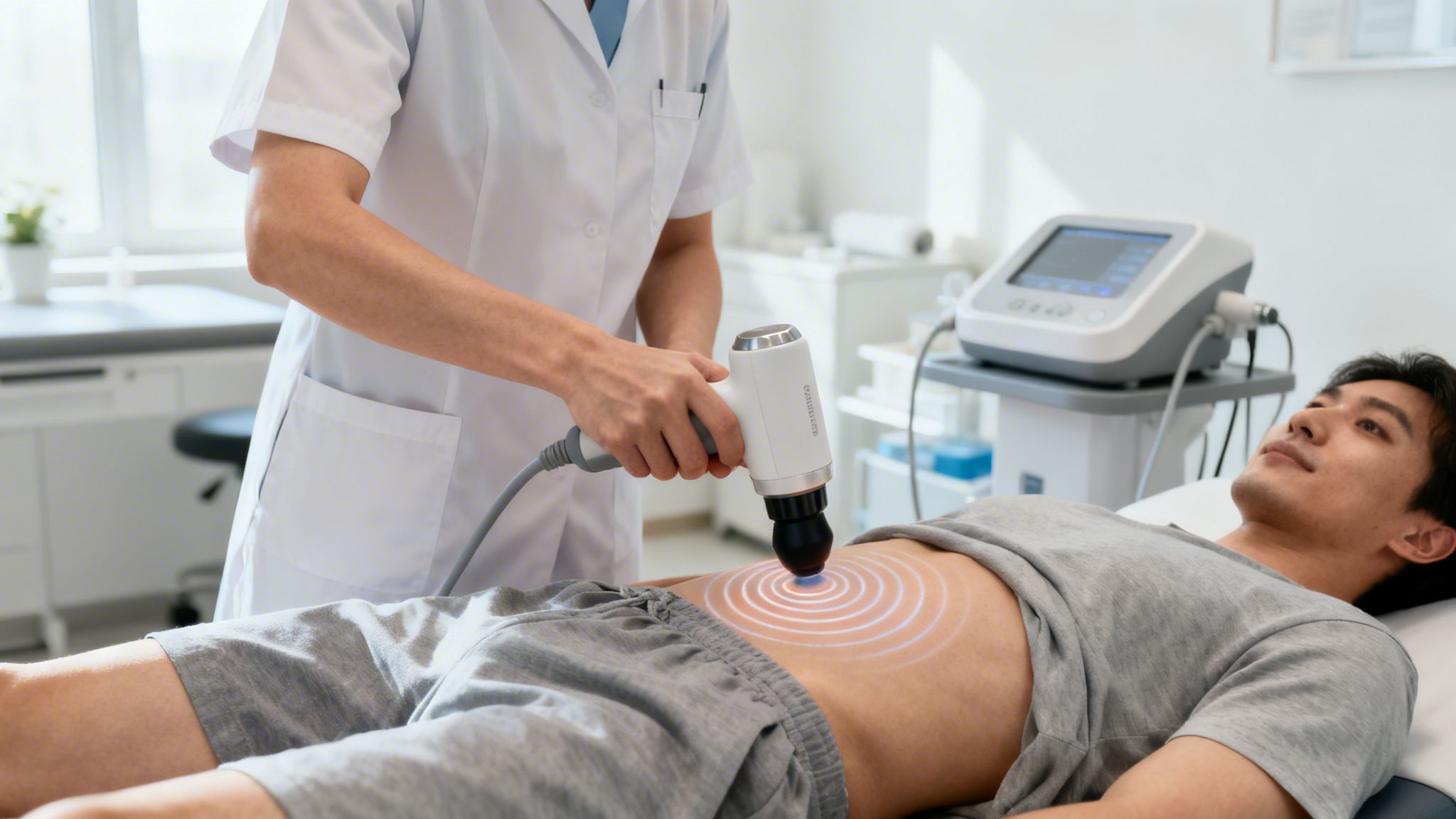 Læge anvender medicinsk udstyr til abdominal behandling på patient med synlige energiringe.