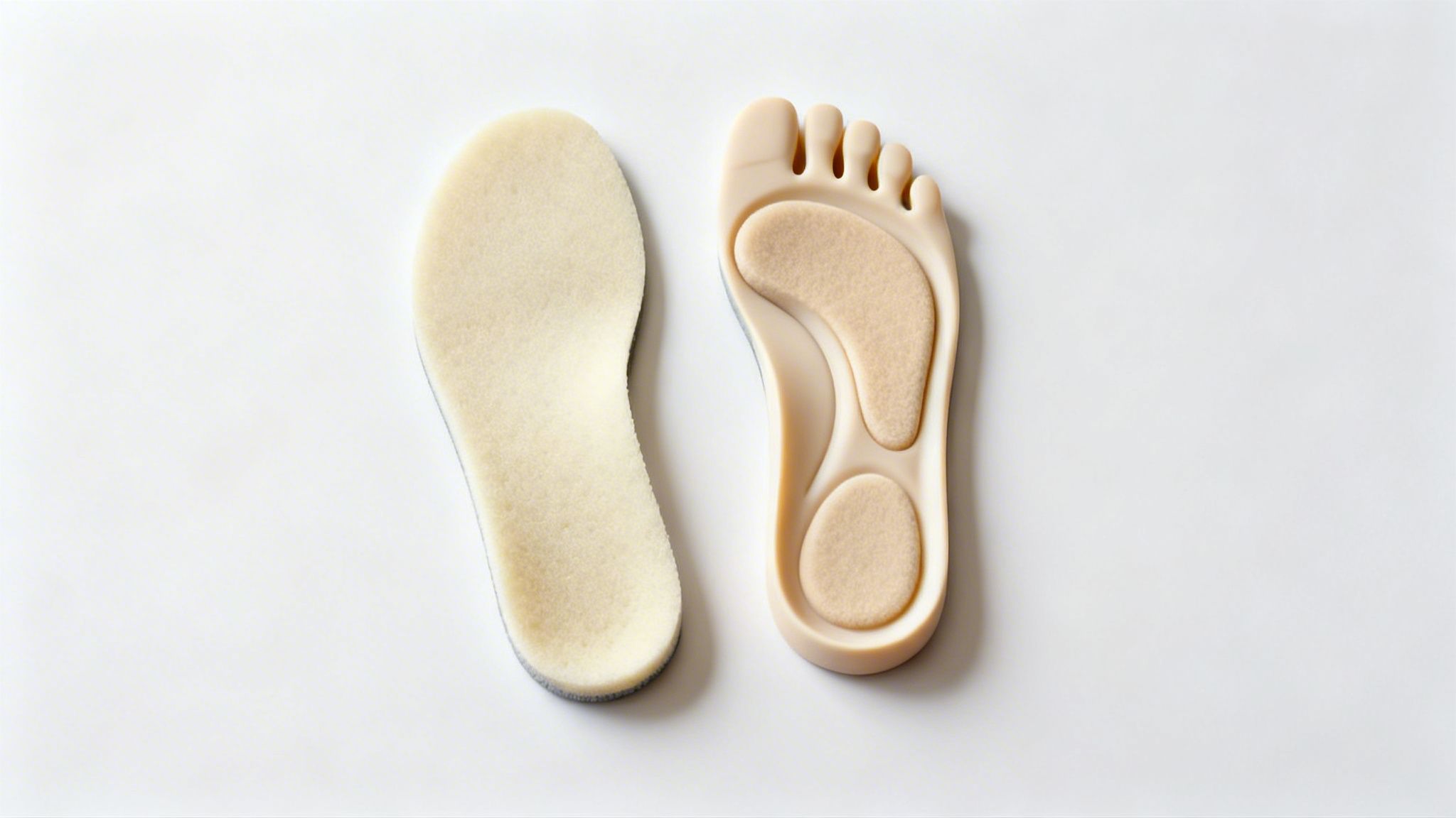 To indlægssåler til sko, en blød og en anatomisk formet, på hvid baggrund.