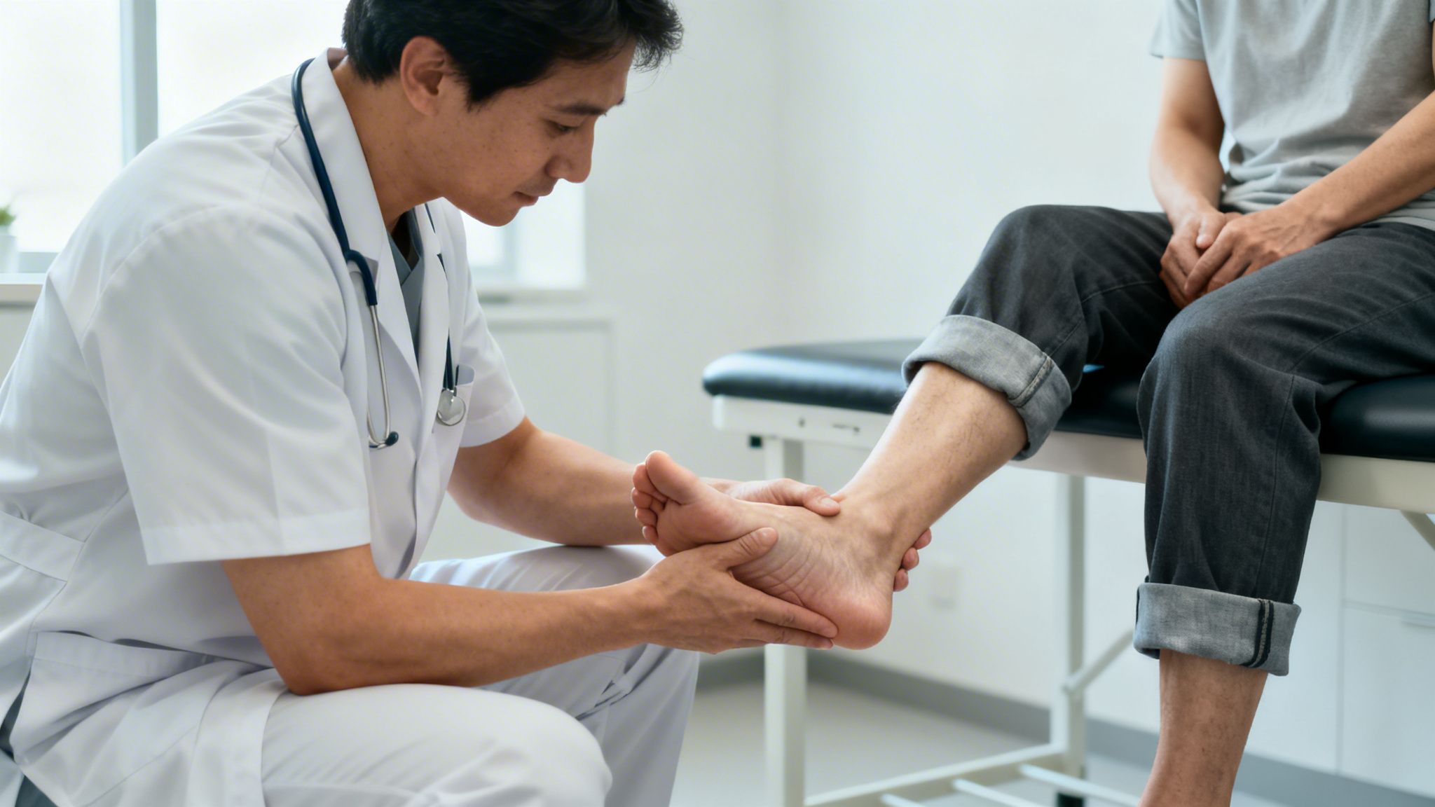 En læge i hvid kittel undersøger forsigtigt en patients fod og ankel på en klinik.