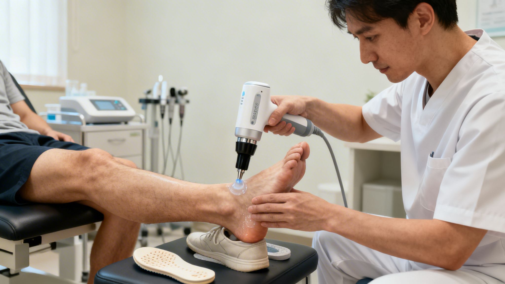 Fysioterapeut behandler patients fod og ankel med medicinsk udstyr, muligvis chokbølgeterapi.