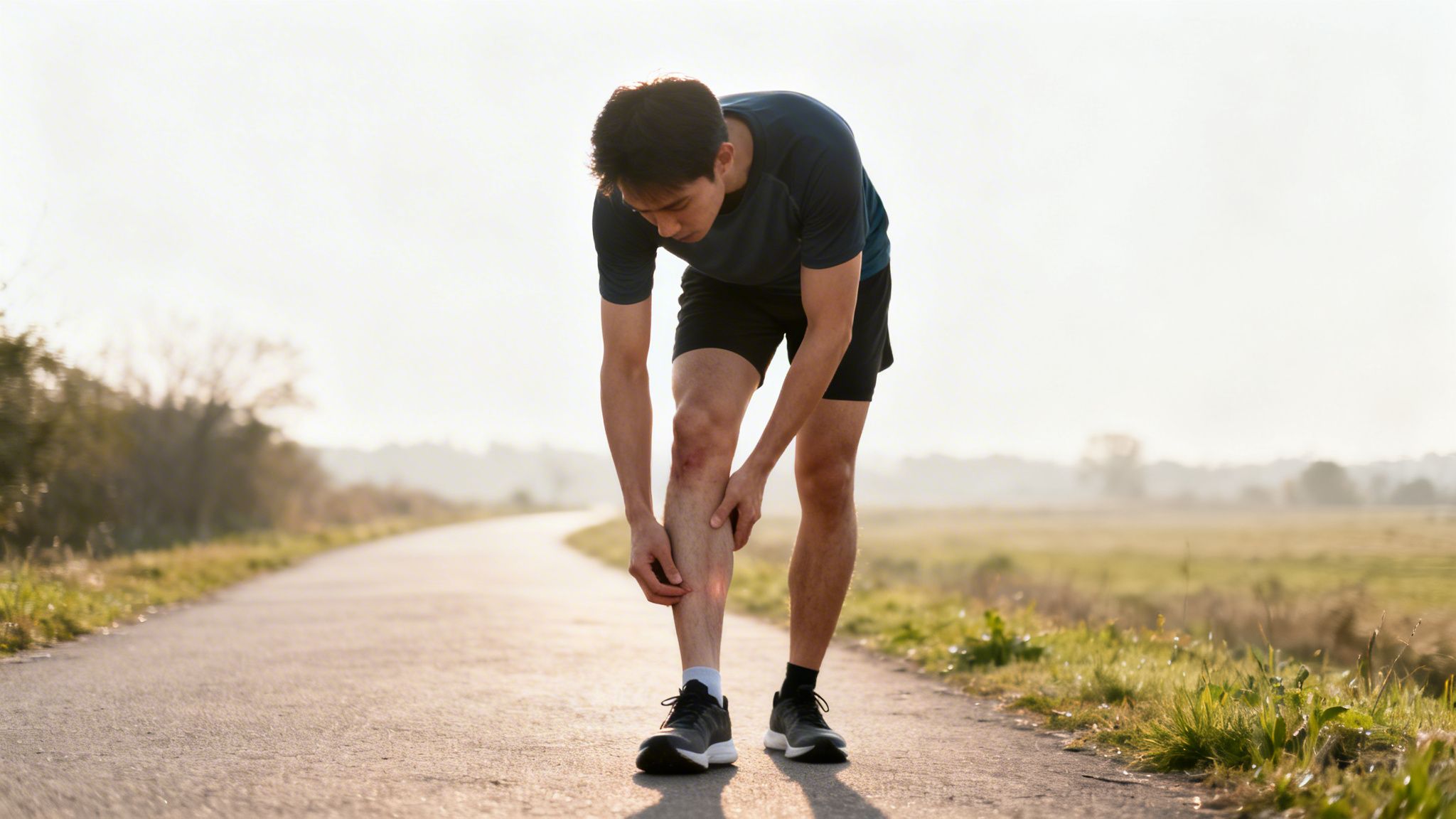 En mand bøjer sig ned og holder sit ømme ben med en skramme på knæet, mens han står på en vej med natur i baggrunden.