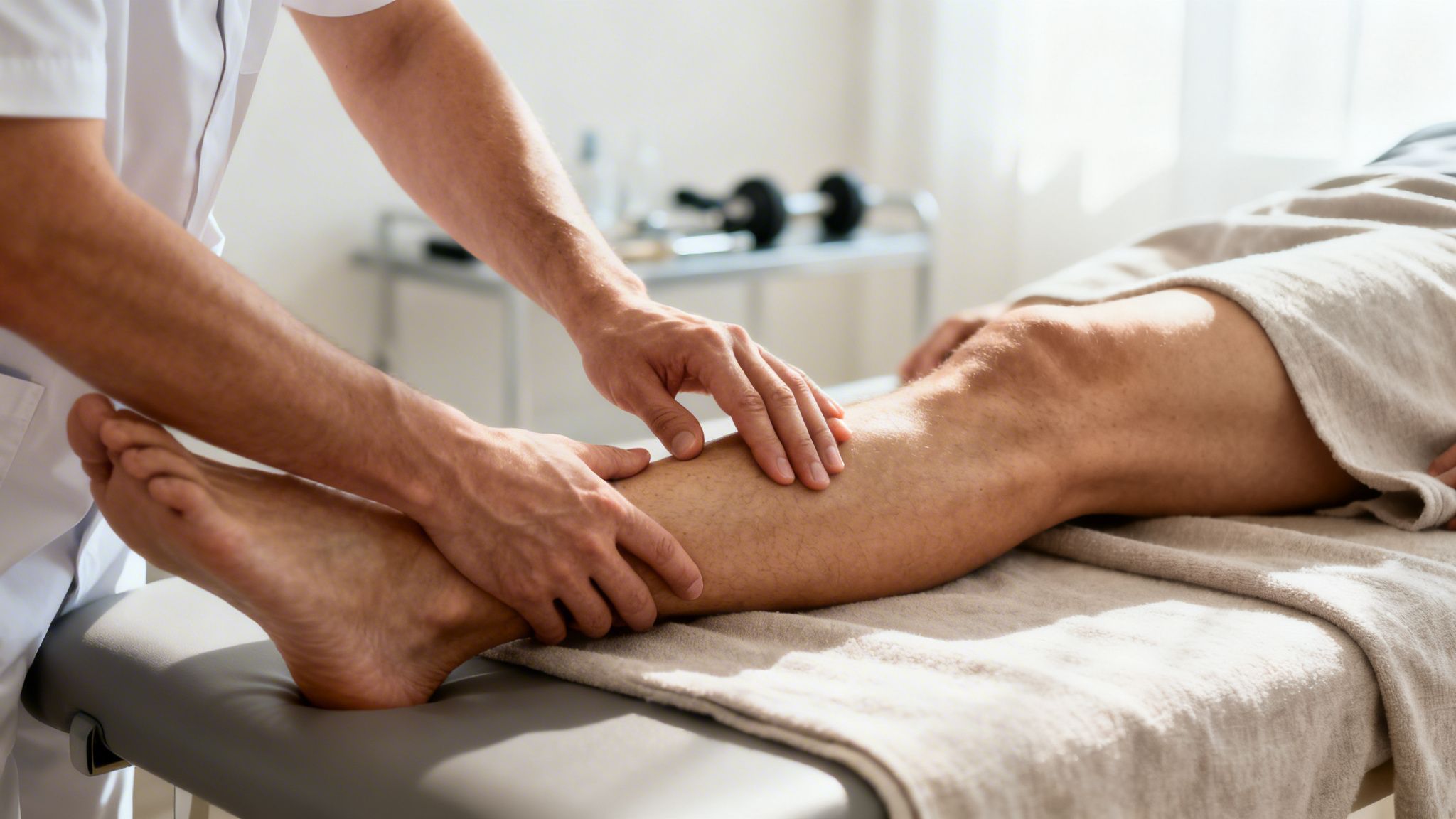 Fysioterapeut masserer en patients underben på en briks i en klinik, med fokus på hænderne.