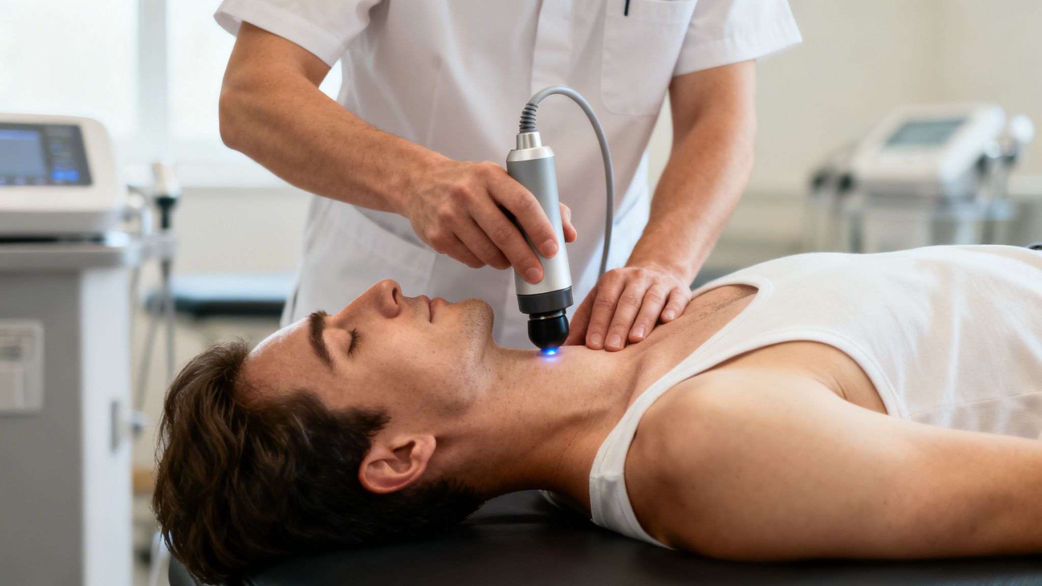 En fysioterapeut behandler en mandlig patient for nakkesmerter med en terapeutisk enhed, der udsender blåt lys.