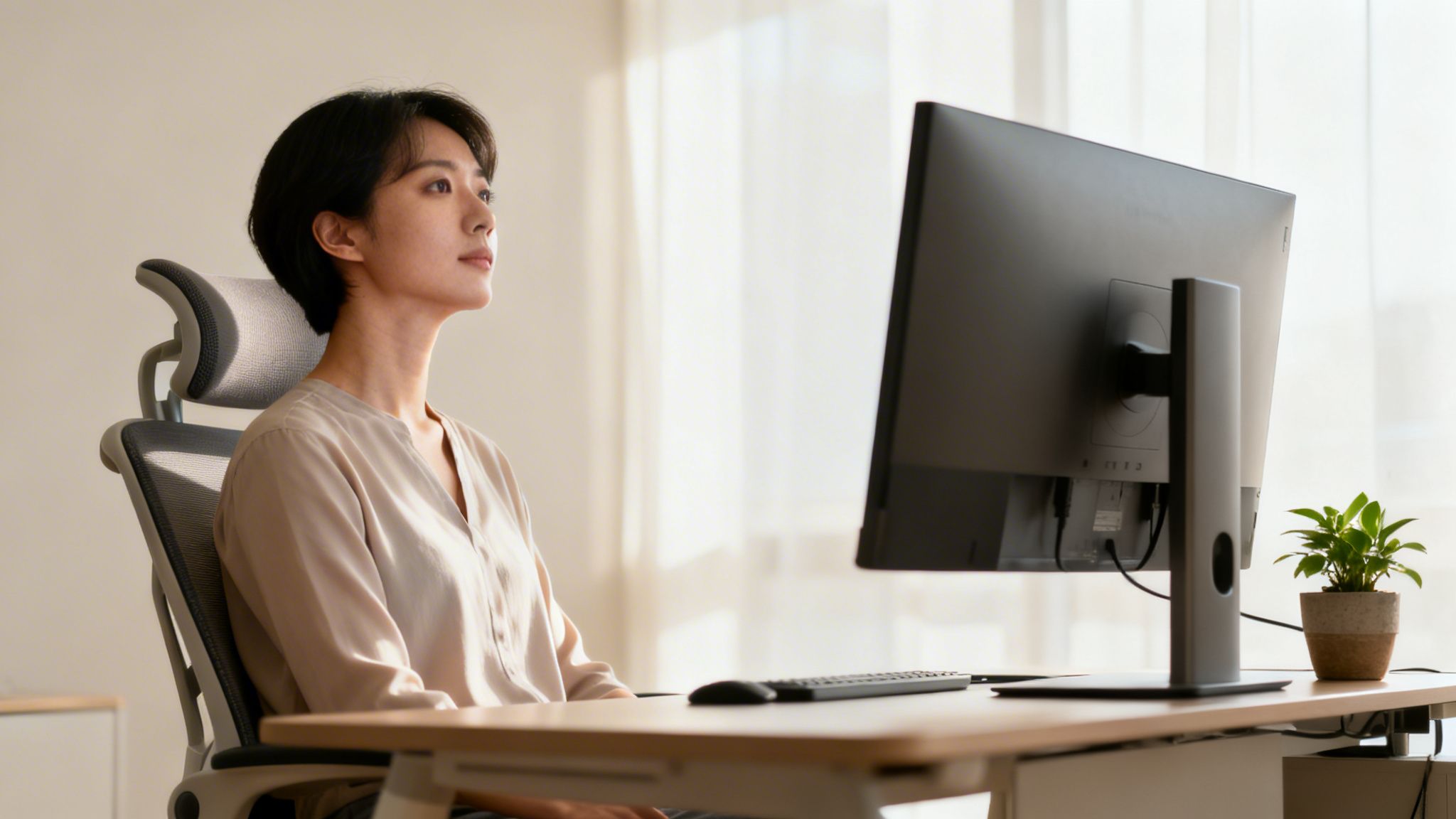 Kvinde sidder ved et skrivebord med en computer og en grøn plante og ser fokuseret ud.