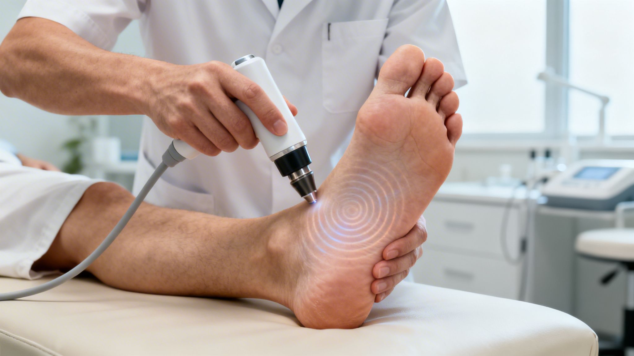 En behandler bruger en terapeutisk enhed på en patients fod, med energi synlig.