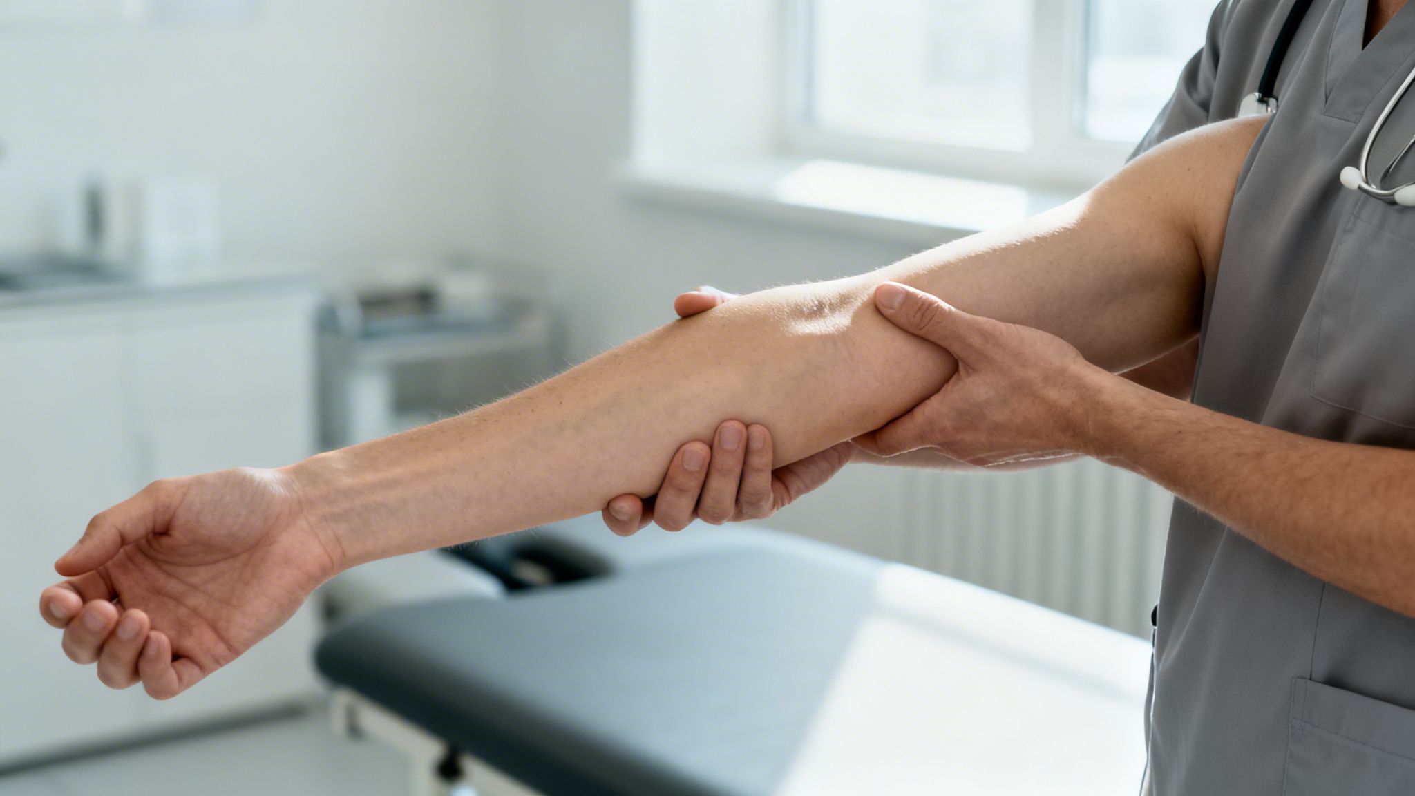 En læge i grå uniform undersøger en patients underarm med begge hænder i en lys klinik.