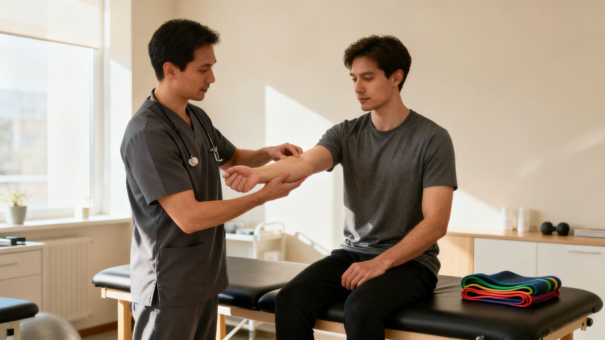 Fysioterapeut undersøger en mands underarm; patienten sidder på en briks i en klinik.