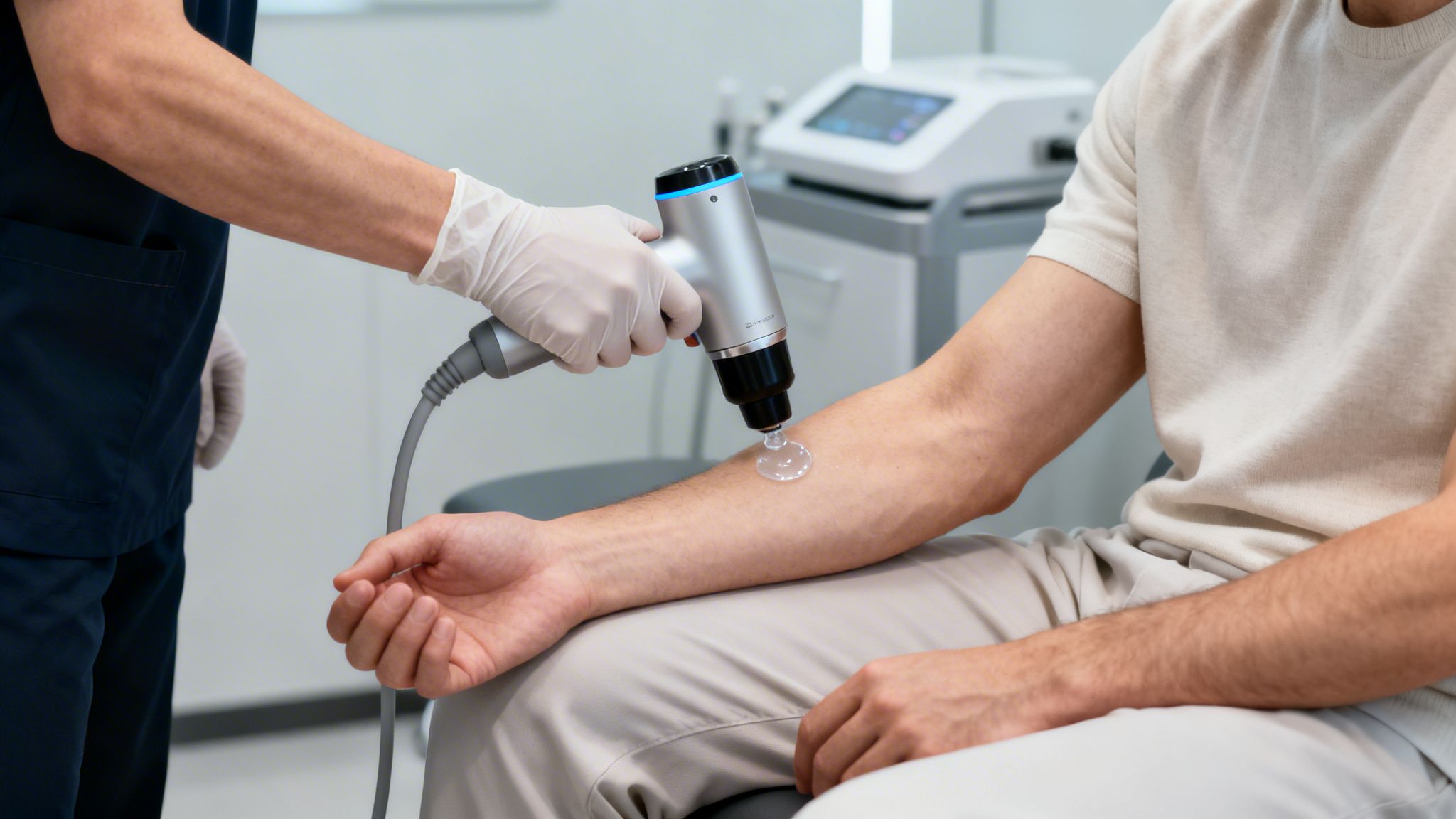 En sundhedspersonale iført handsker behandler en patients underarm med en terapienhed og gel.