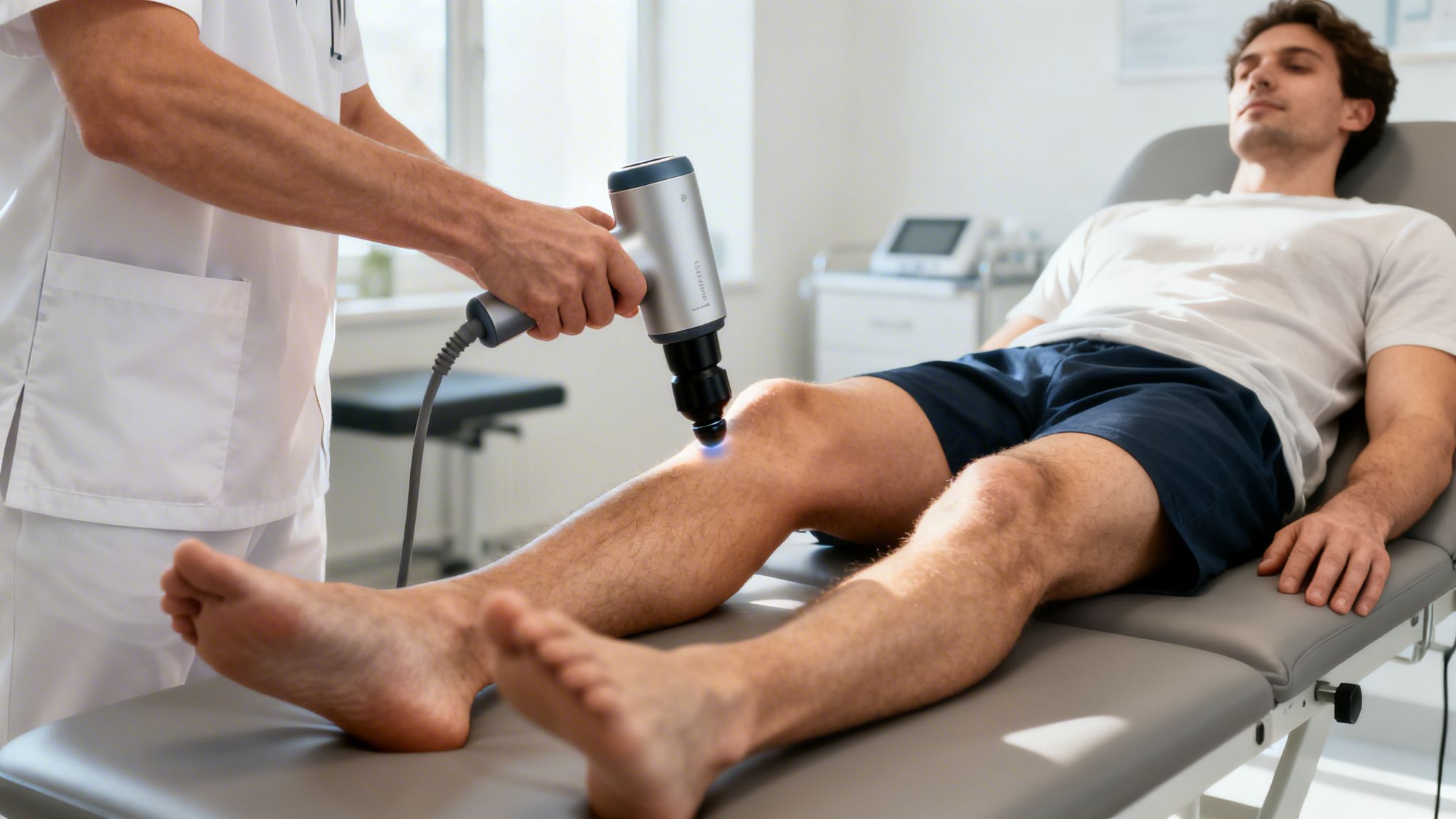 En sundhedsperson giver en mand fysioterapi på knæet med et håndholdt apparat for at lindre smerter.