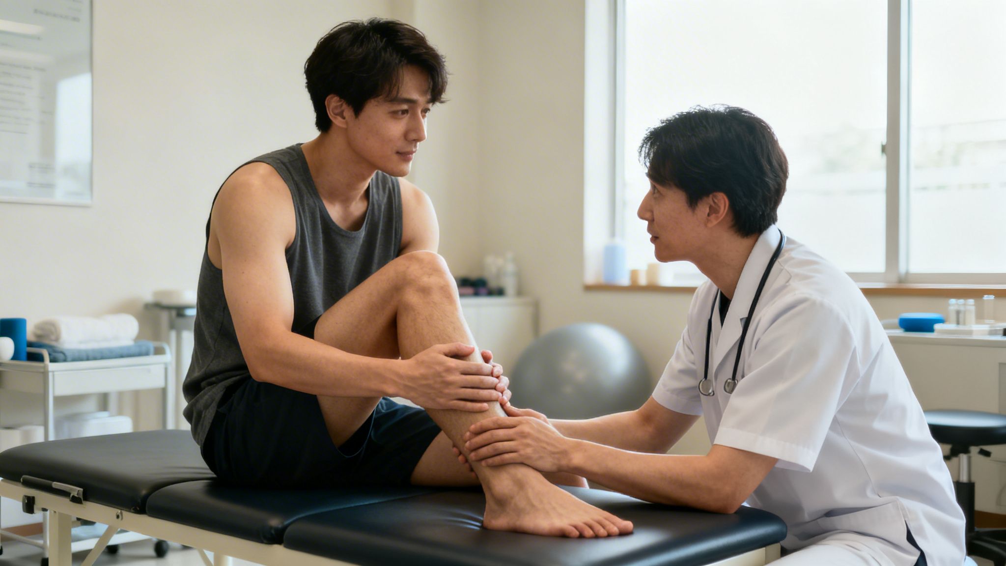 En mandlig læge undersøger en patients underben på en behandlingsbriks, mens de taler sammen i klinikken.