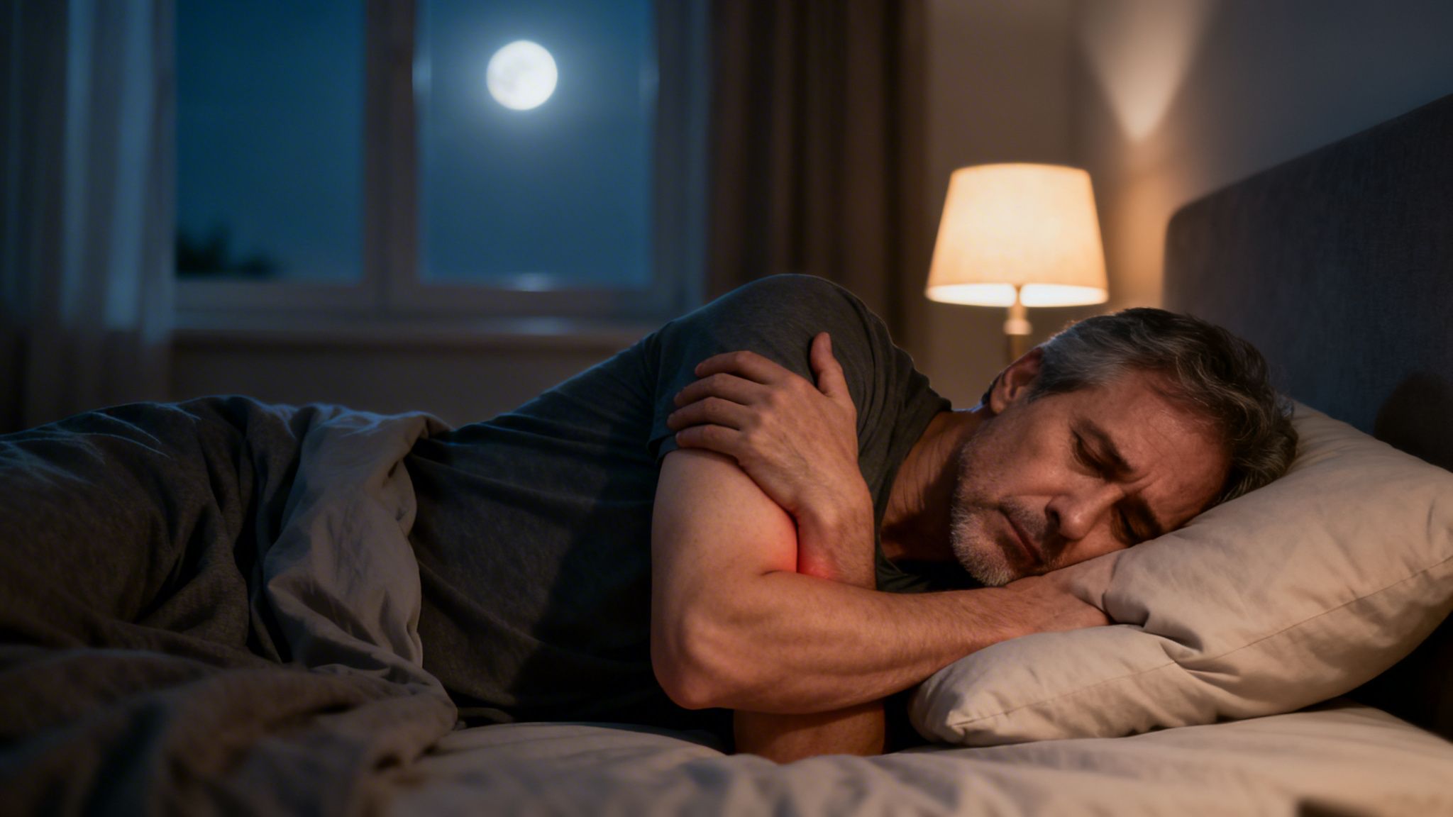 Mand i sengen om natten holder sin overarm med smerter, med fuldmåne udenfor vinduet og en tændt lampe.