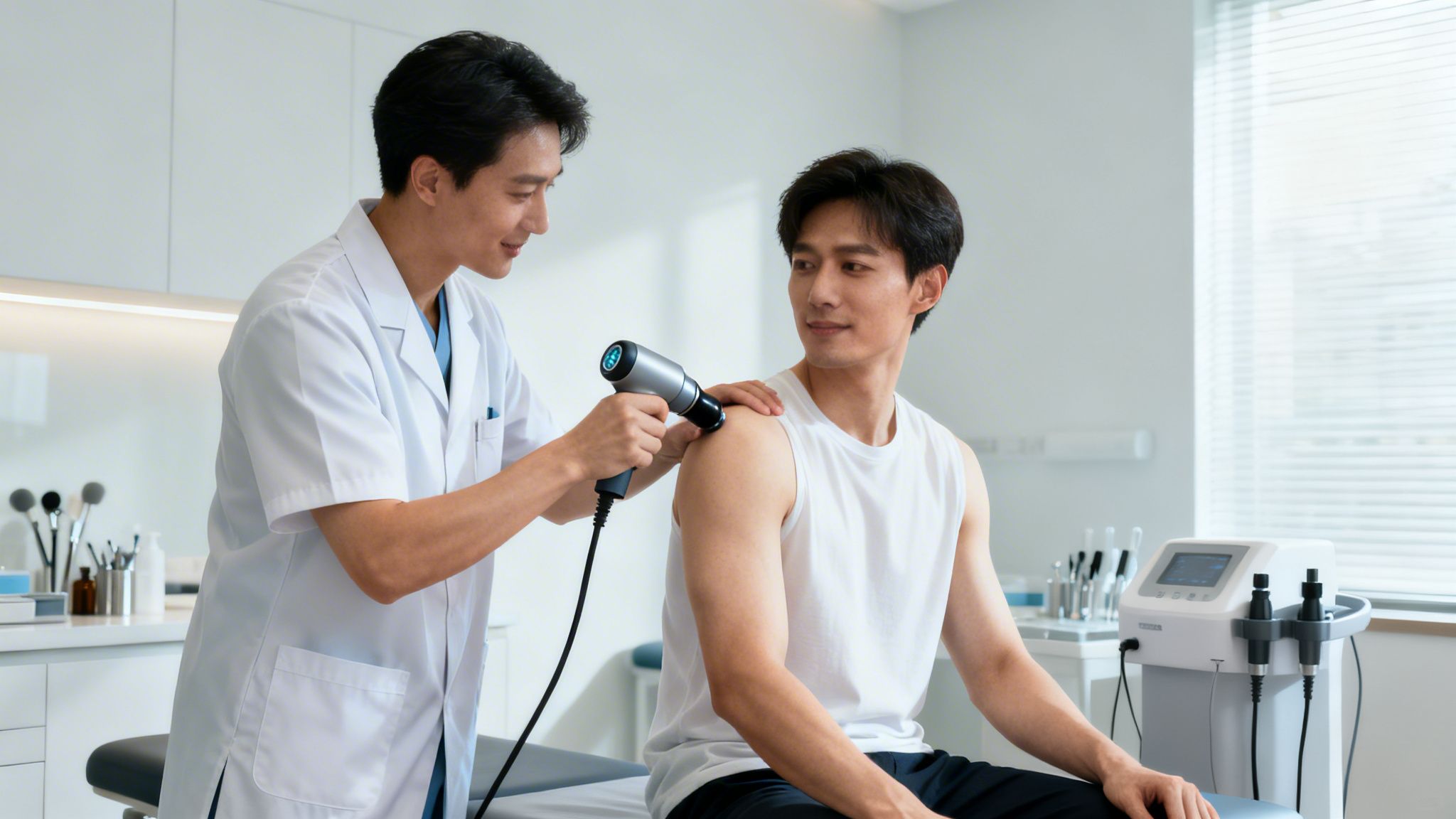 En læge behandler en mands skulder med et medicinsk apparat i en moderne klinik.