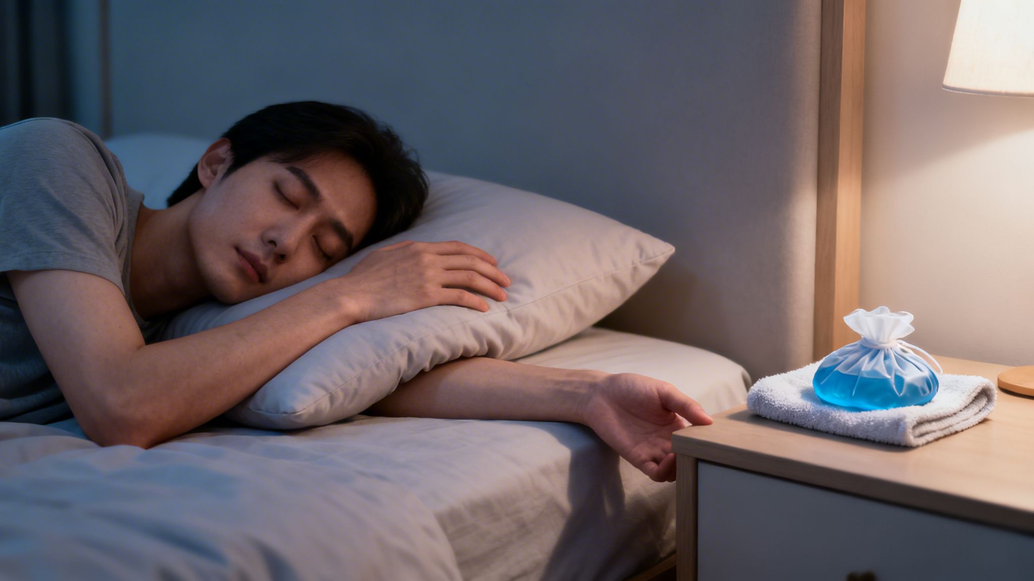 En ung mand sover dybt i sengen, mens en ispose ligger på natbordet ved siden af ham.