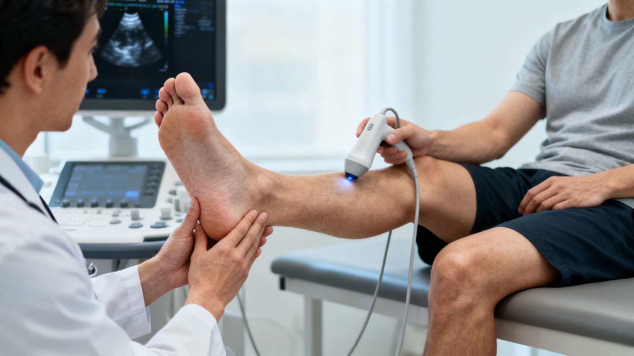 Læge undersøger en patients ben og fod med en ultralydsscanner i en klinik.