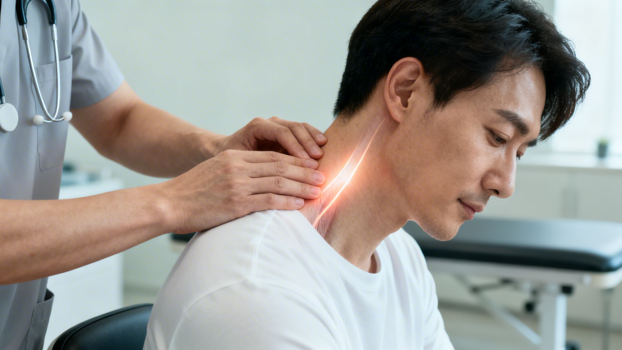 En læge undersøger og behandler en mands nakke for en mulig nerve i klemme med massage.