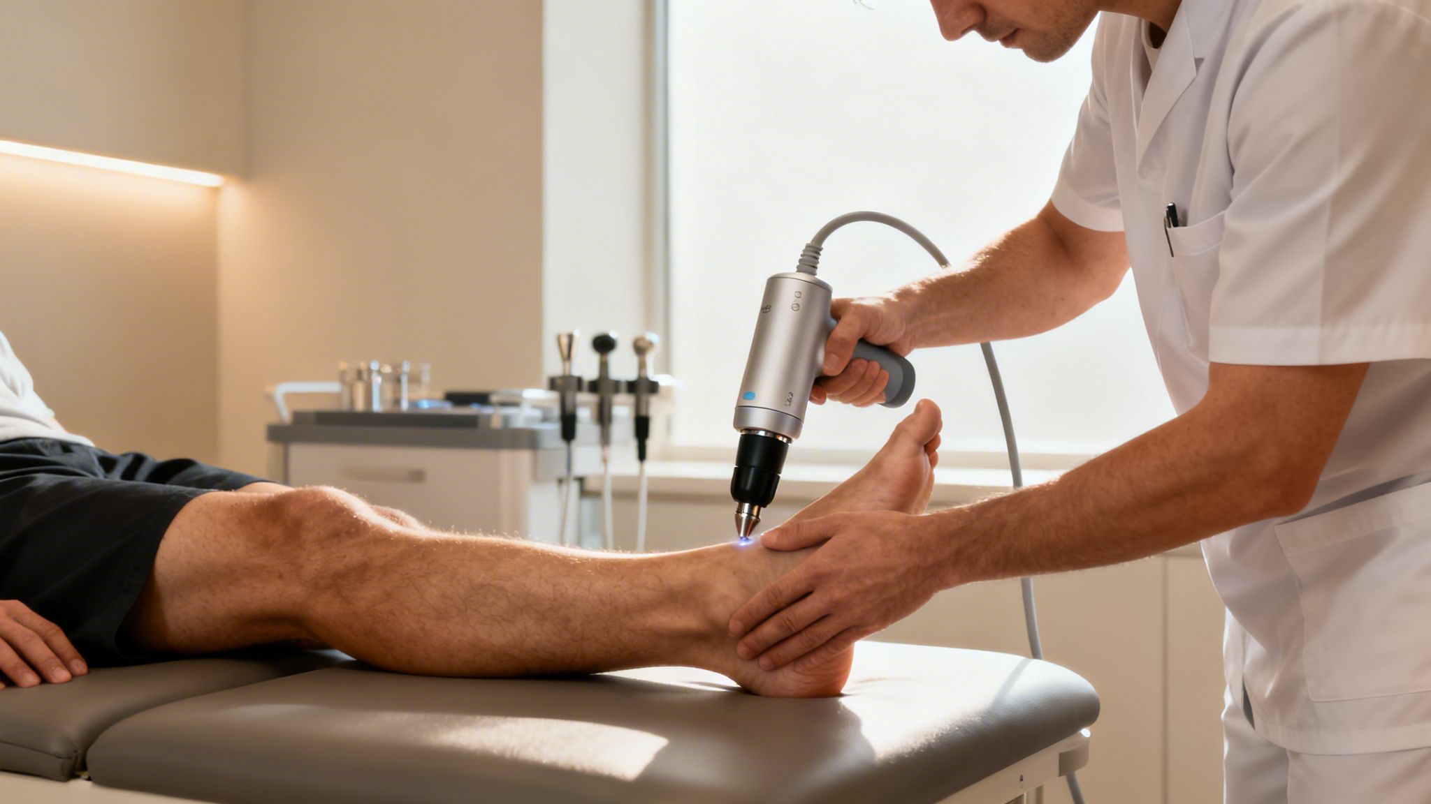 En læge udfører behandling med en medicinsk enhed på en patients ankel, muligvis for nervesmerter.