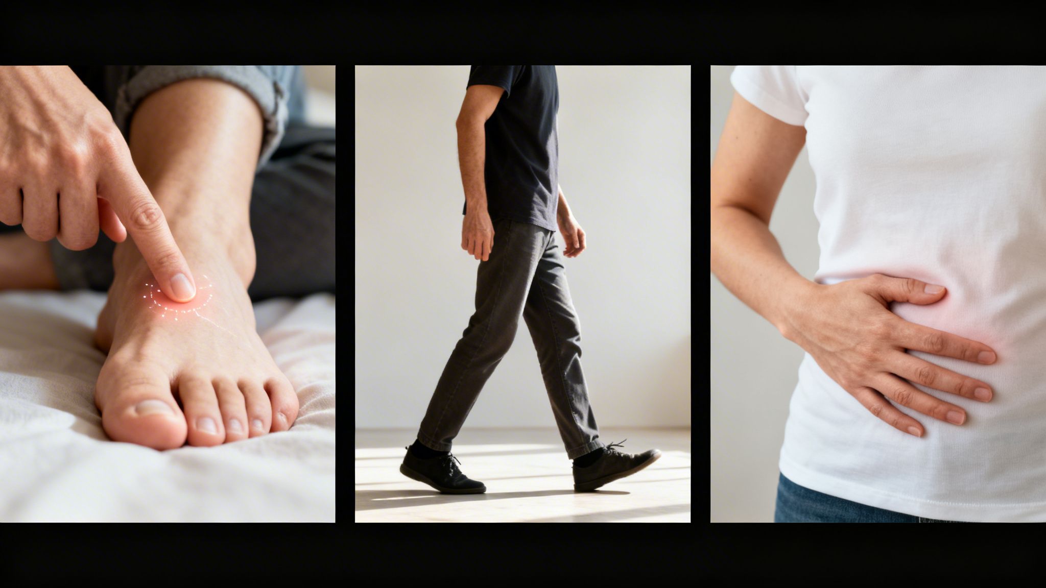 Billedserie viser en person der peger på en smertefuld fod, en person der går, og en der holder sig på maven, hvilket illustrerer symptomer.