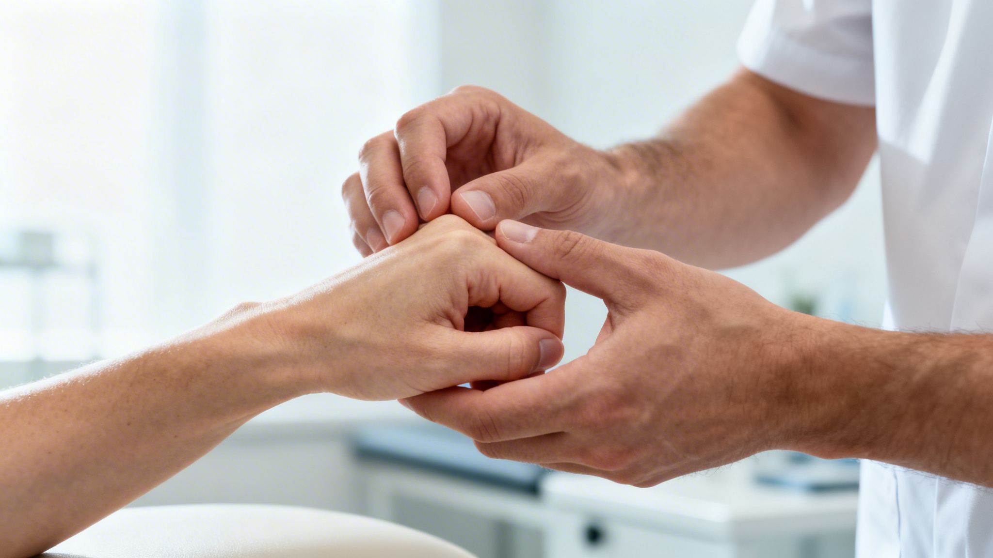 Nærbillede af en fysioterapeut, der behandler og undersøger en patients hånd på en klinik.