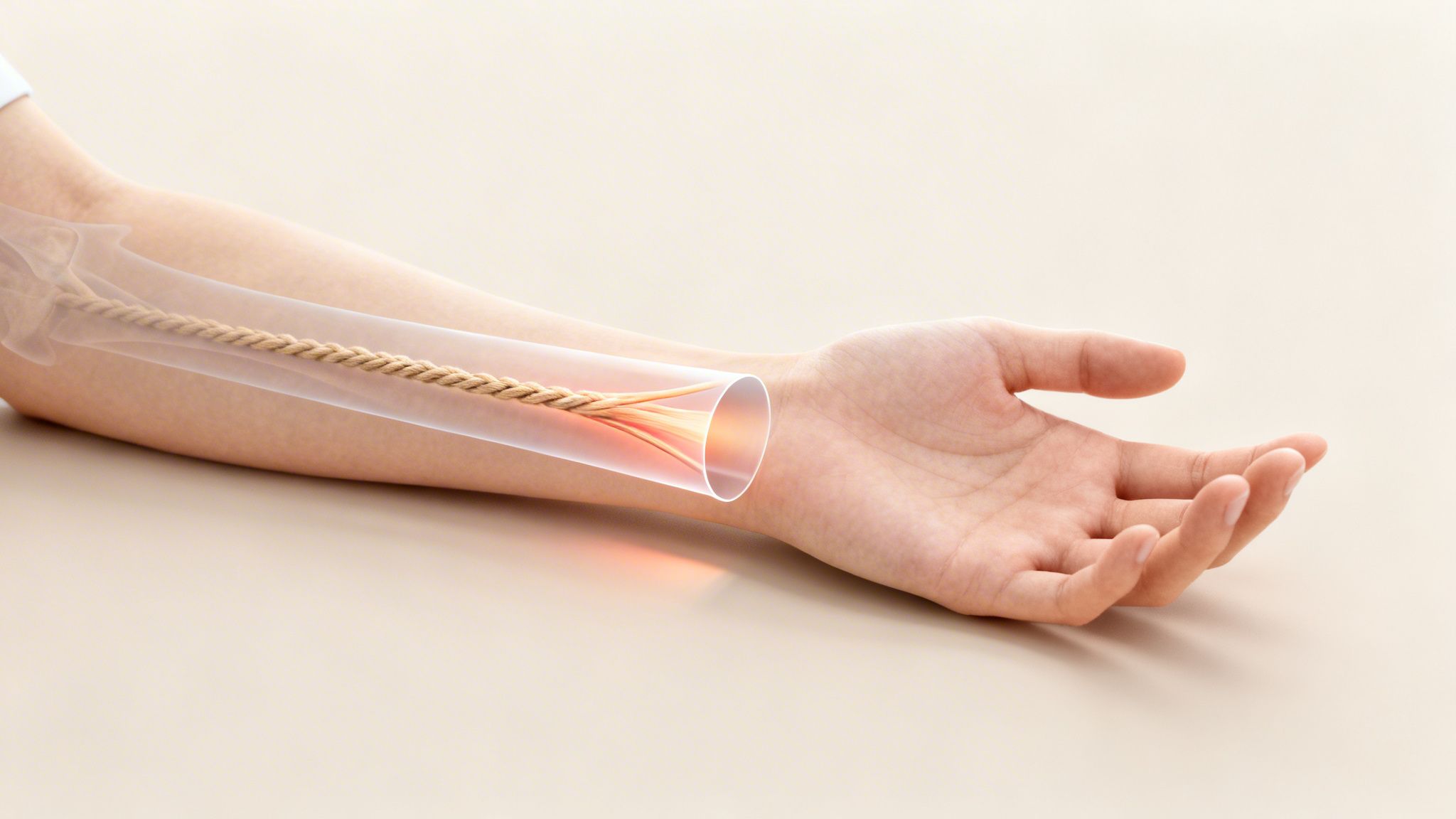 Illustration af en betændt sene i en arm, der viser inflammation og smerte ved håndleddet.