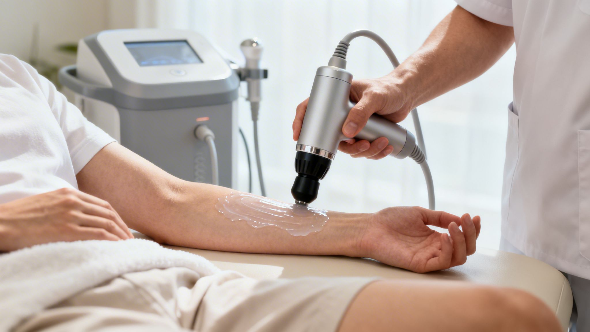 En patient modtager shockwave terapi på underarmen fra en behandler for at lindre smerter.