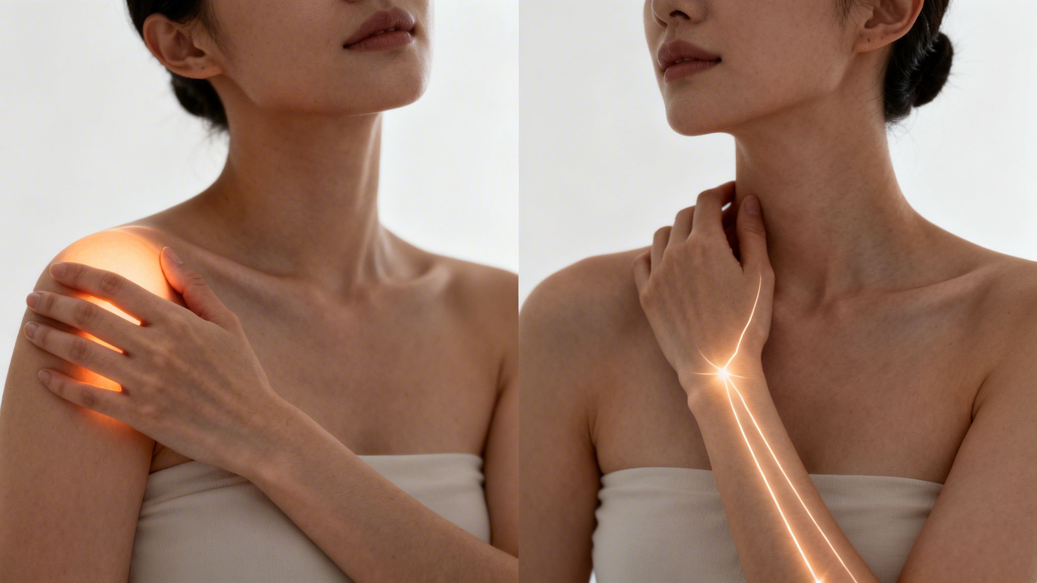 En kvinde med lysende smerte- eller behandlingsområder på skulder og arm.