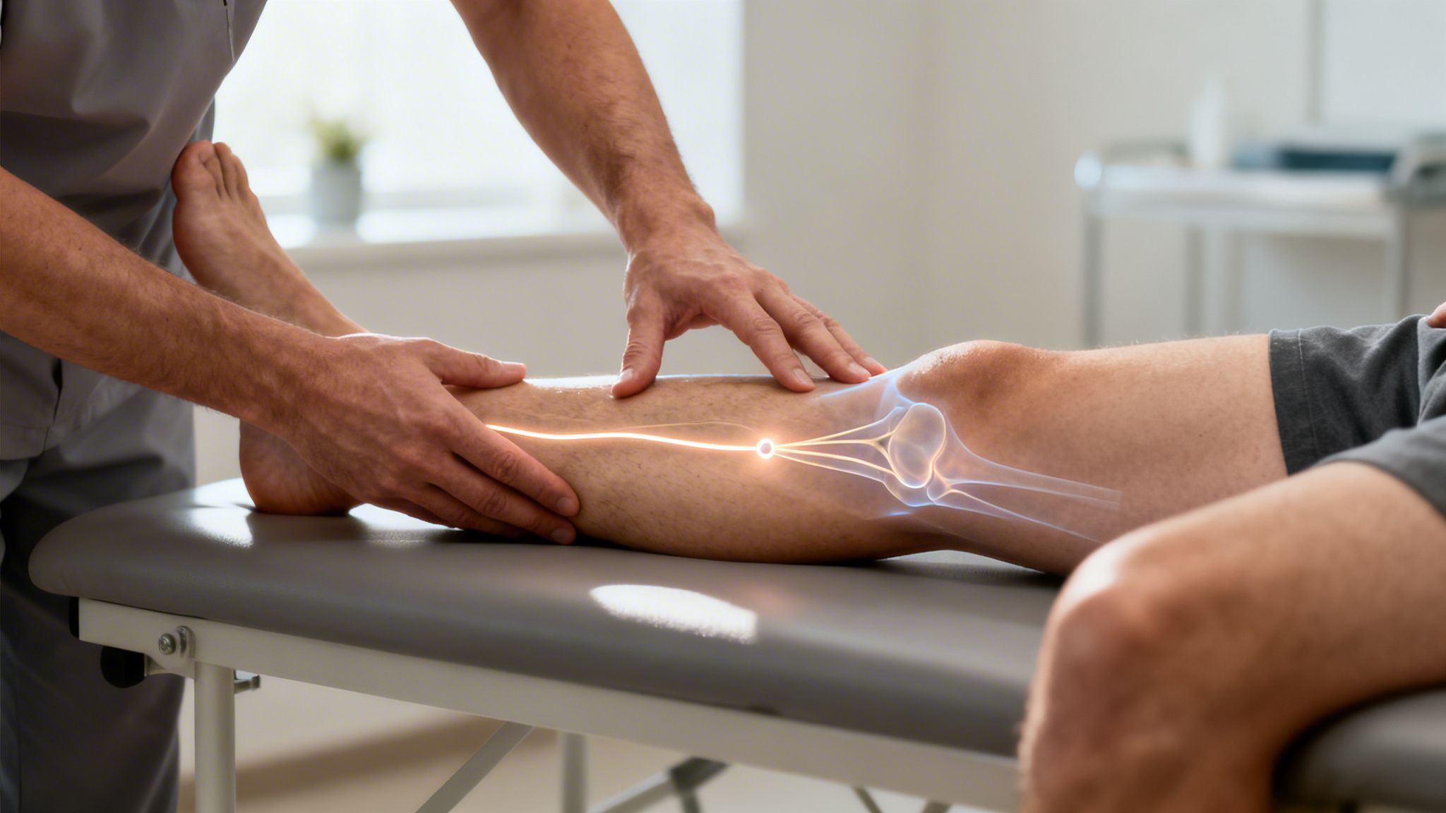 Læge undersøger patients ben for nervebetændelse med digital visualisering af nerver og knæ.