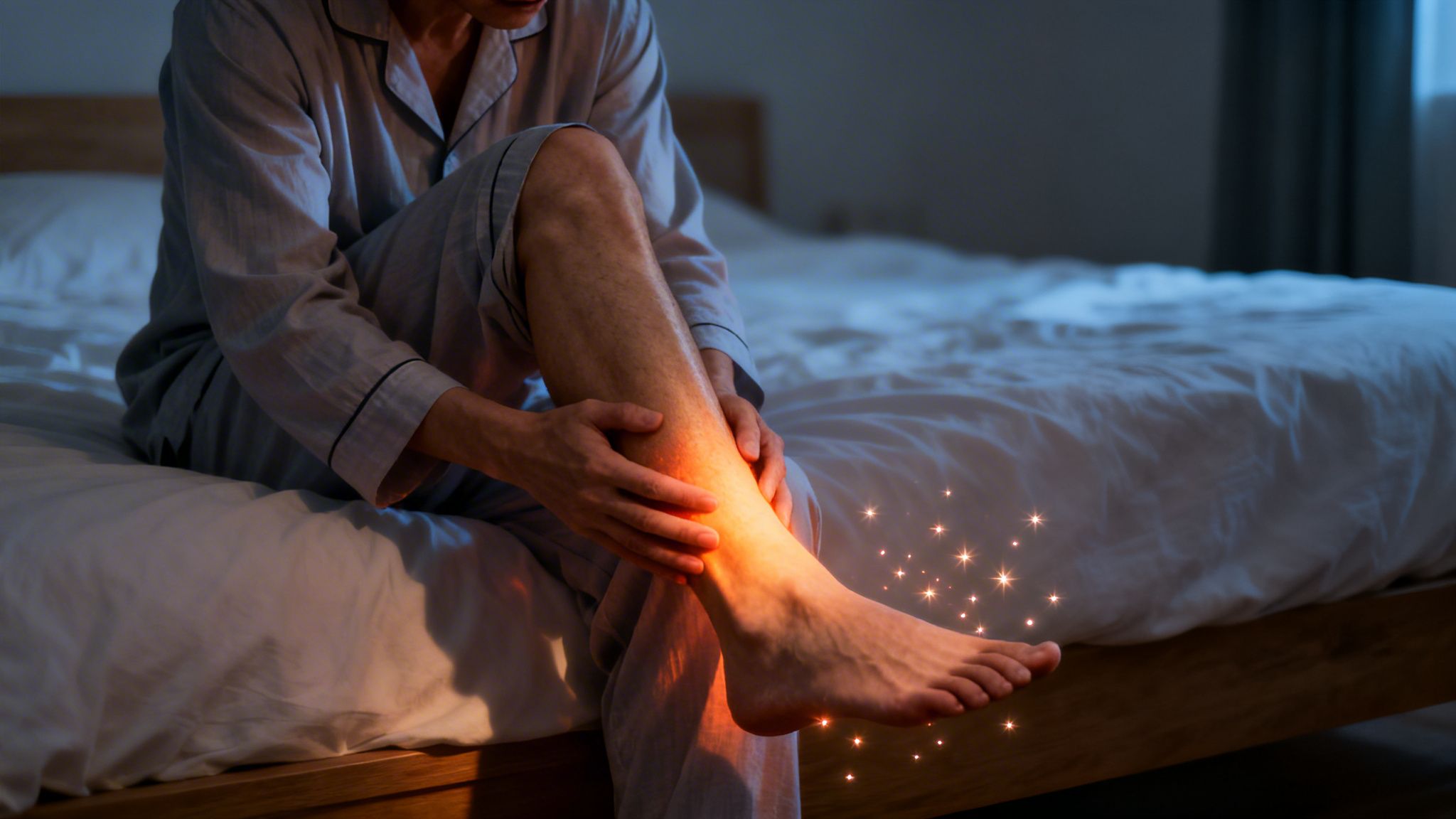 En person i pyjamas sidder på sengen og holder sit underben, som lyser rødt, med gnister omkring foden.