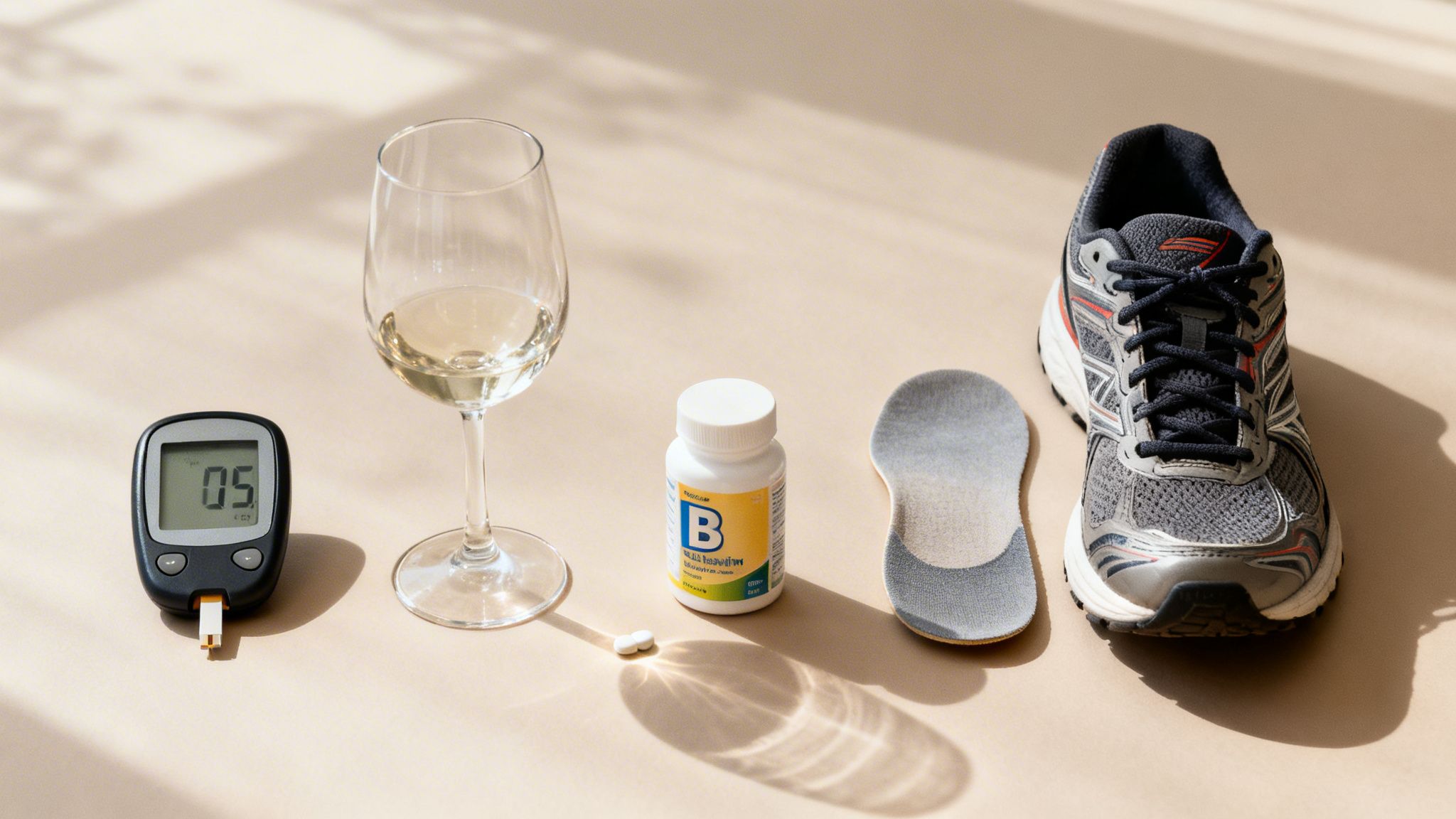 Diabetestester, vin, B-vitaminer, piller, indlægssål og løbesko på lys baggrund.