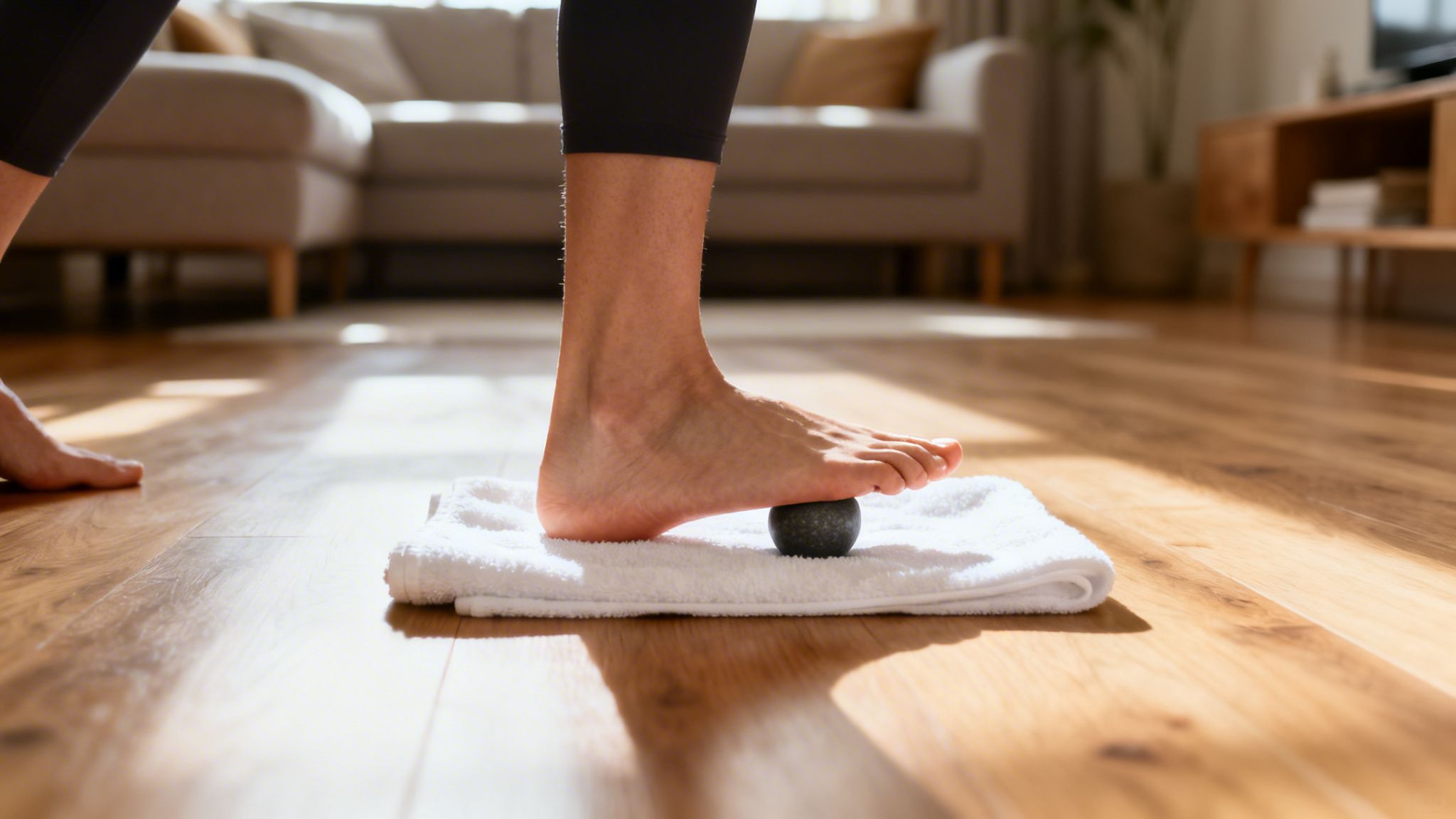 En person masserer sin fod med en sort massagebold på et hvidt håndklæde for at lindre smerter i svangen.