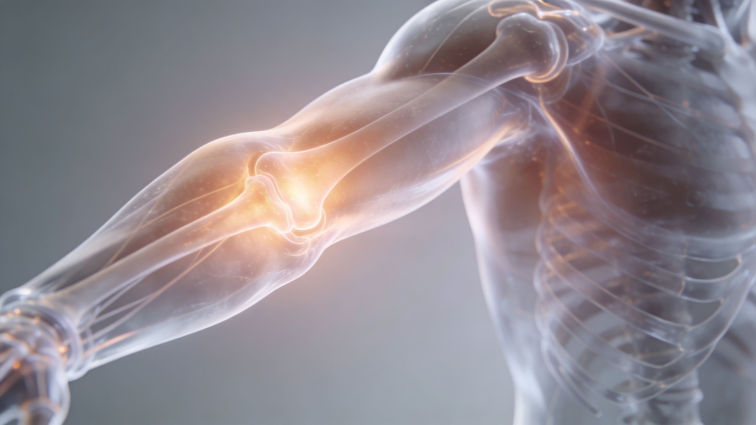 En anatomisk illustration af en menneskelig arm, der fremhæver et lysende smertepunkt i albueleddet.