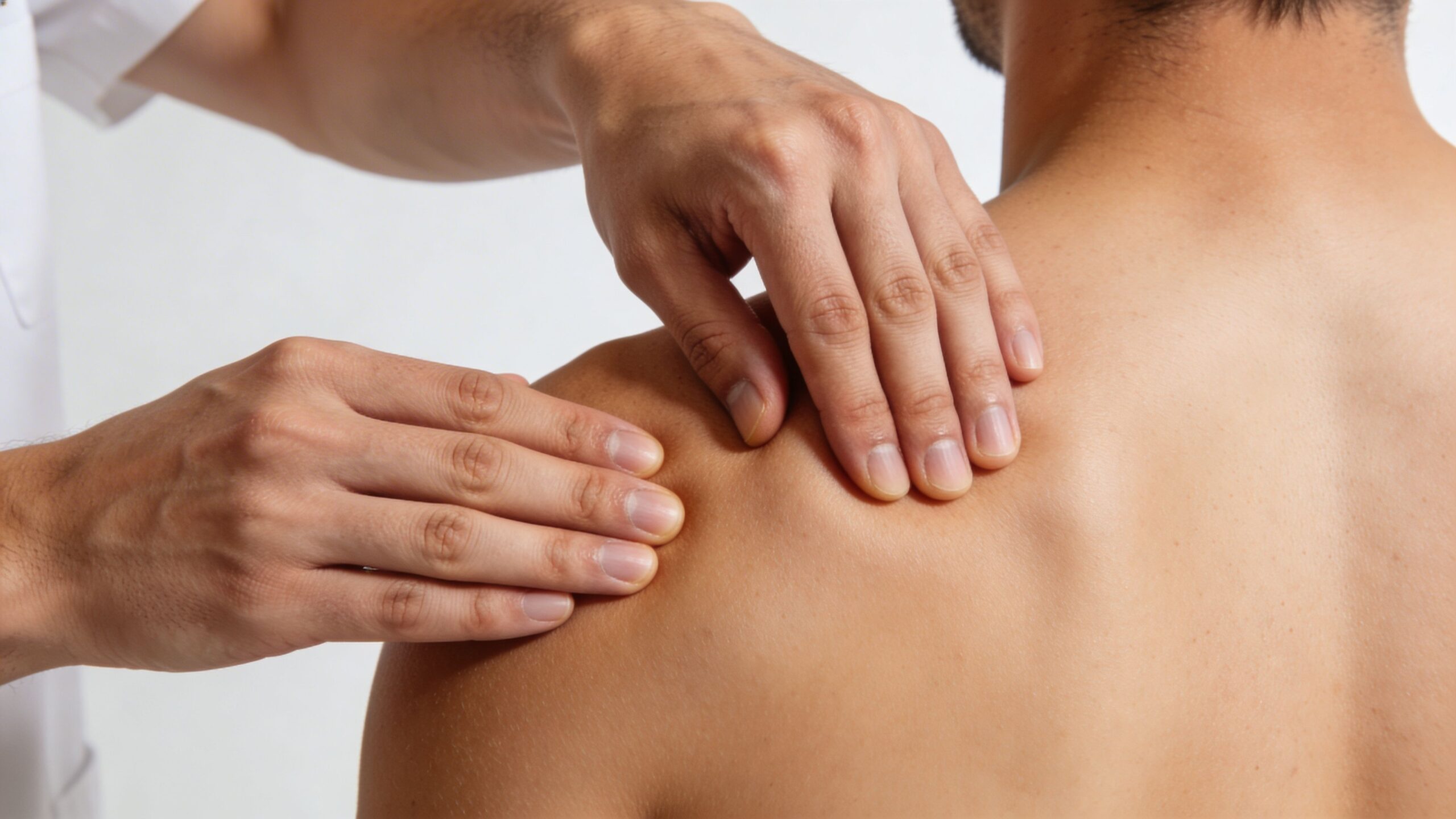 En fysioterapeut giver manuel behandling af skulderen på en patient for at lindre smerter og muskelspændinger.